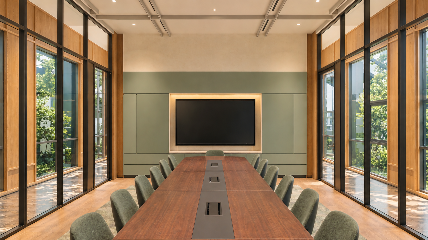 Boardroom with long timber table, sage-green panelling and glazed walls, luxury workspace, Singapore, interior design by Rockett Studio