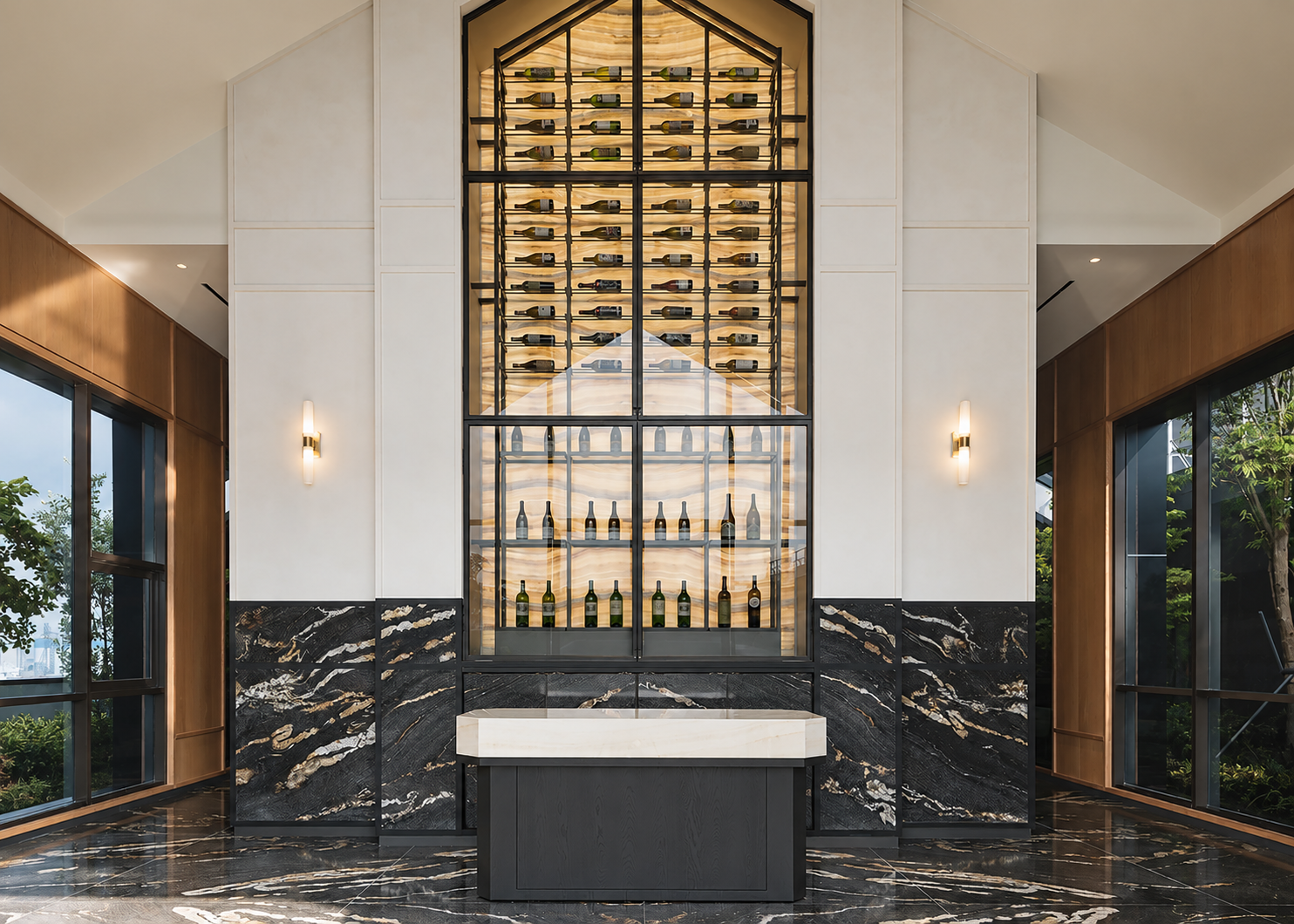 Double-height reception with glazed feature wall and marble-clad counter, luxury workspace, Singapore, interior design by Rockett Studio