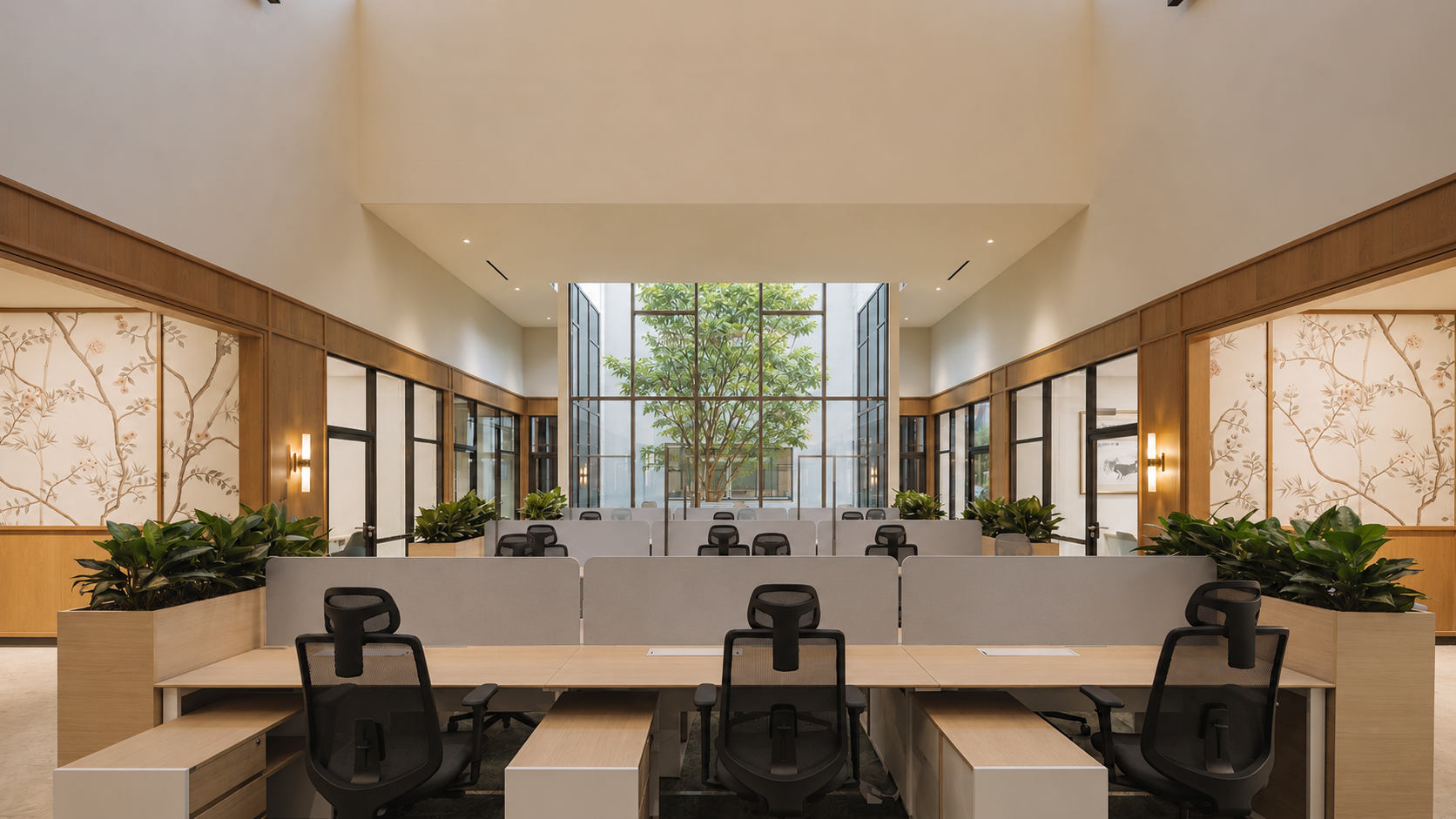 Open-plan workstations facing a glazed landscaped atrium, luxury workspace, Singapore, interior design by Rockett Studio