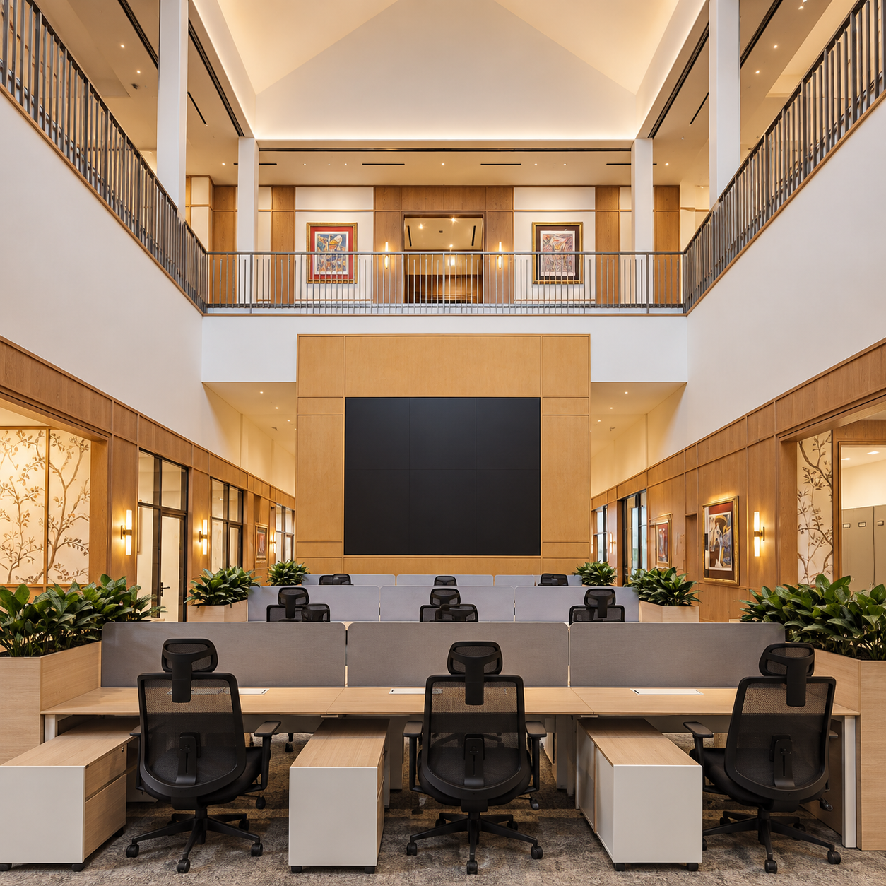 Open-plan office beneath a double-height void with mezzanine walkway, luxury workspace, Singapore, interior design by Rockett Studio