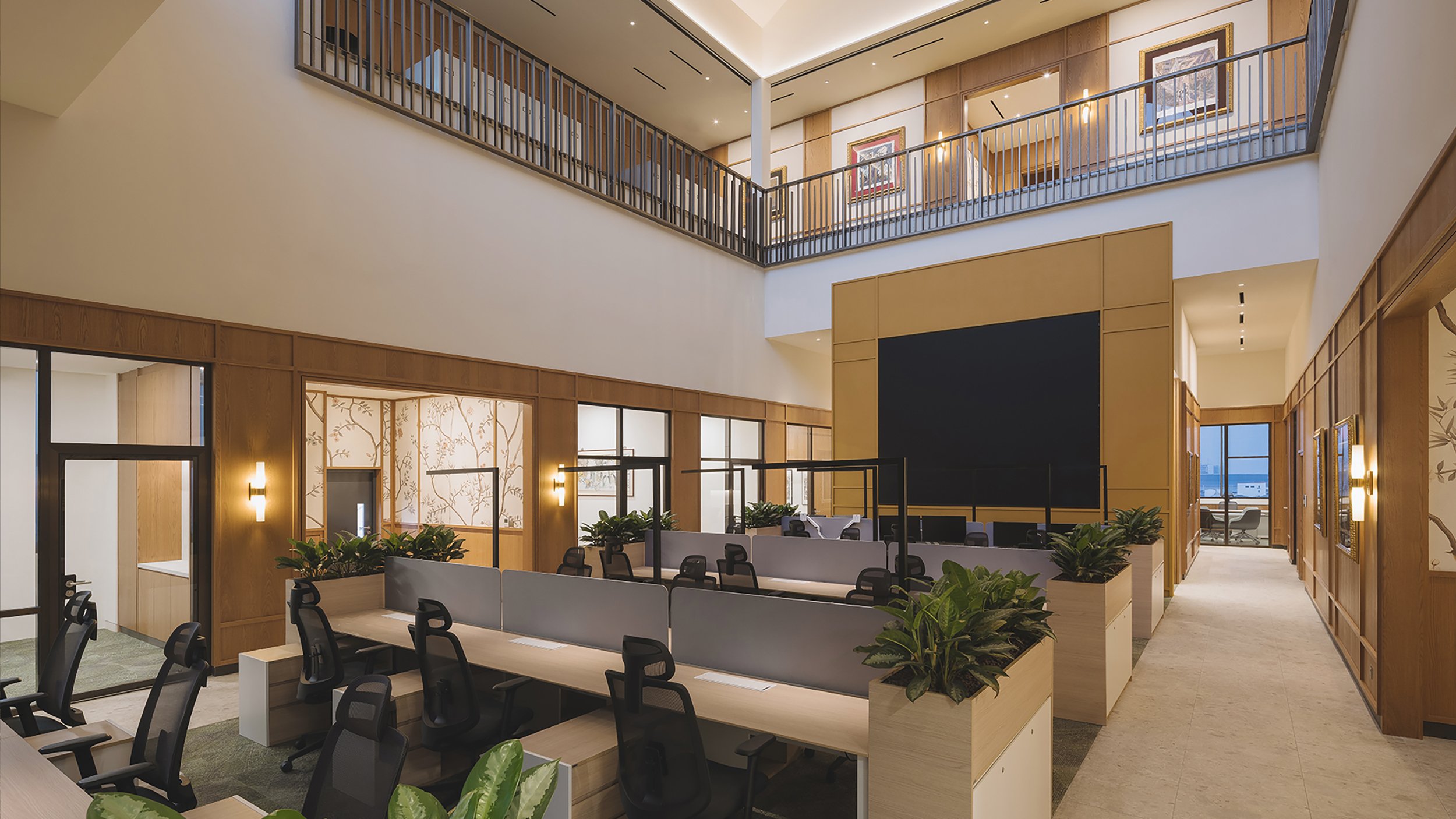 Open-plan office with timber-clad feature wall and planted workstations, luxury workspace, Singapore, interior design by Rockett Studio