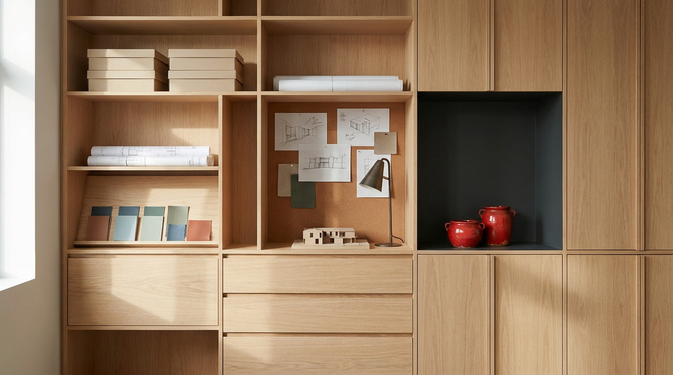 Wooden shelving unit with architectural blueprints, color samples, drawing sketches, a lamp, small architectural models, and decorative jars.