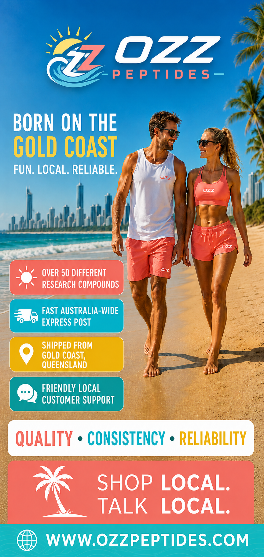 Advertisement for OZZ Peptides featuring a man and woman walking on a beach, wearing activewear with the OZZ logo, with a city skyline and palm trees in the background.