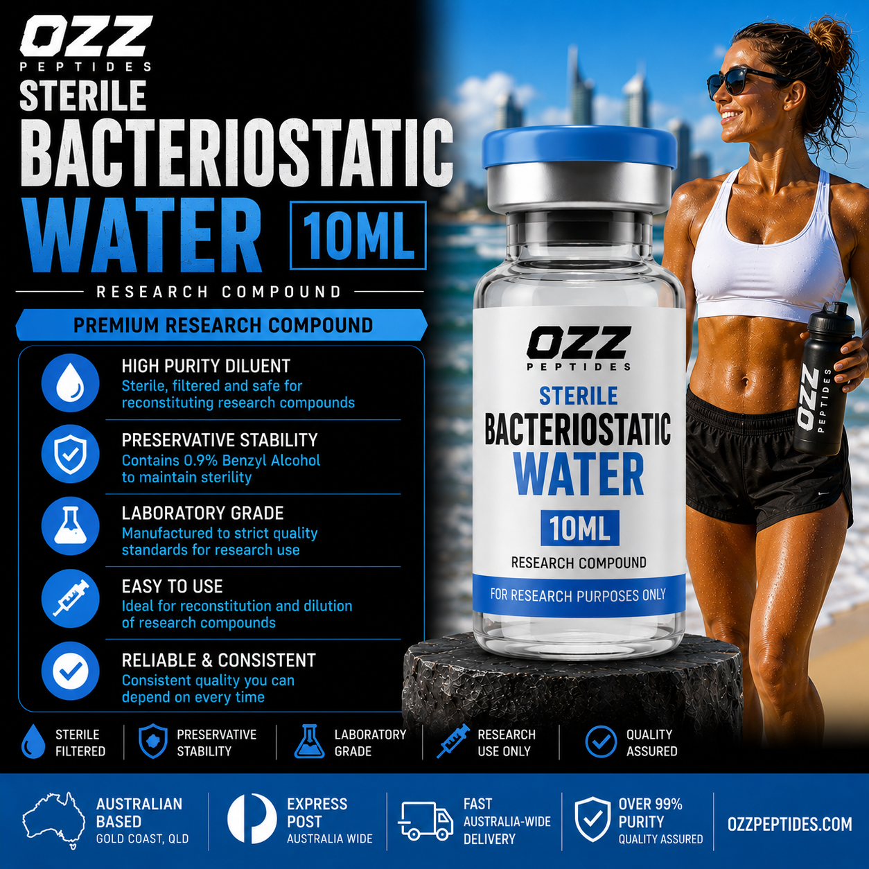 Sterile Bacteriostatic Water 10 mL – Research Reconstitution | Laboratory Preparation | Convenient 10 mL Vial