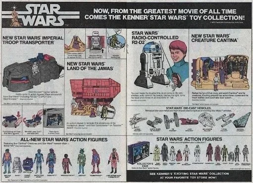 Star Wars toy collection advertisement showing various Star Wars products including an Imperial Troop Transporter, land of Jawas playset, radio-controlled R2-D2, creature cantina set, die-cast vehicles, and action figures.