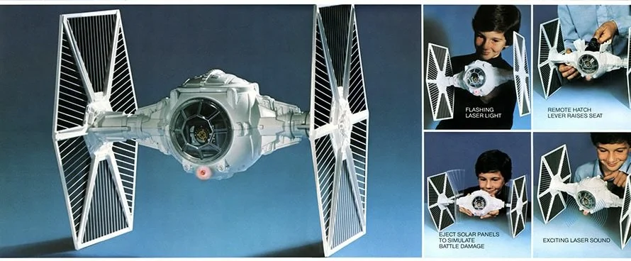 Guide showing features of a Star Wars TIE fighter remote control toy, including flashing laser light, remote hatch lever, solar panel ejection sound, and laser sound effects.