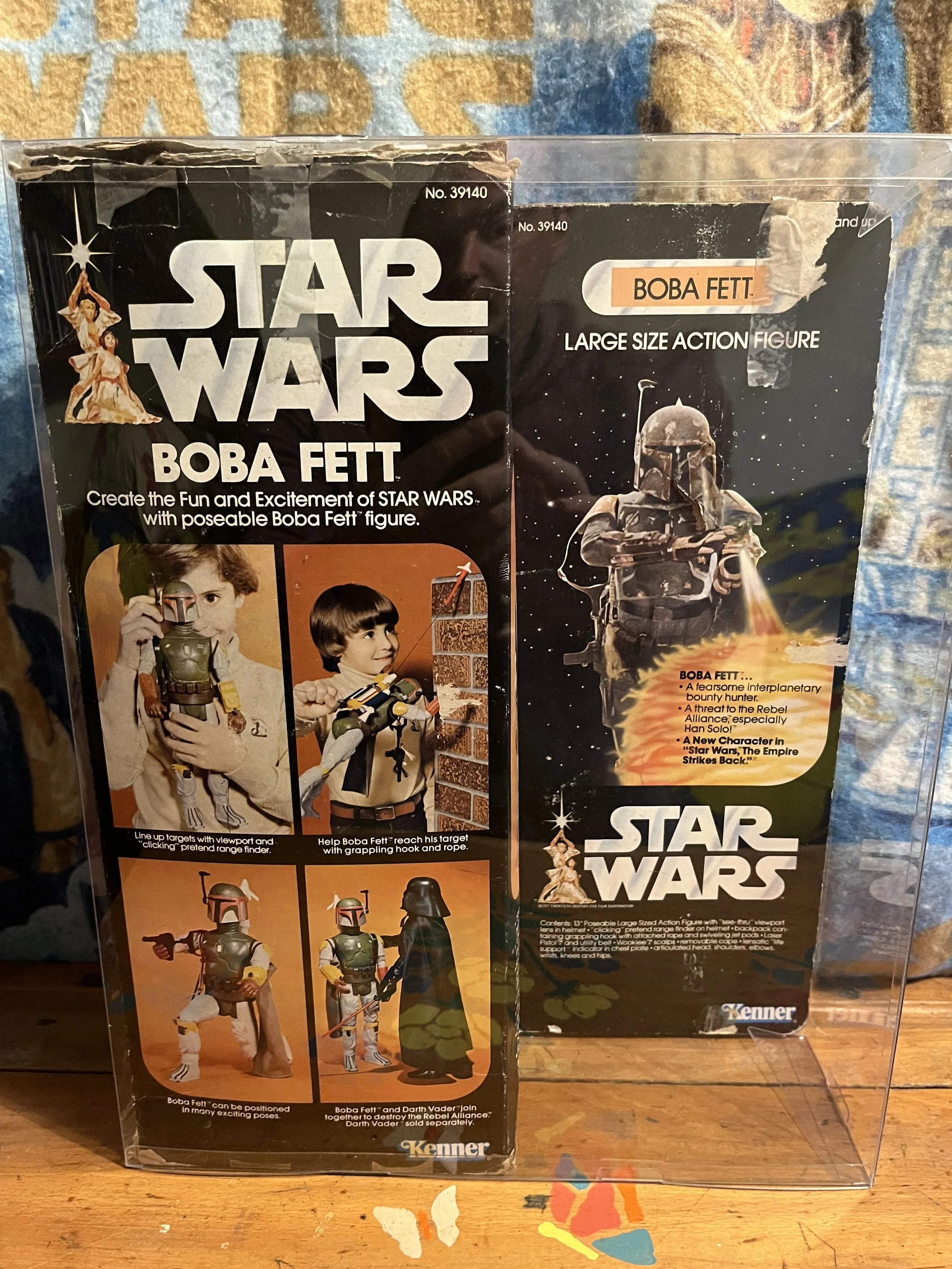 Star Wars Boba Fett action figure box set, featuring images and descriptions of the Boba Fett figure in various poses and accessories.