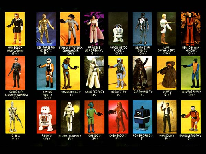 A collection of Star Wars action figures arranged in rows, including characters like Han Solo, Princess Leia, Luke Skywalker, Darth Vader, Chewbacca, Yoda, Boba Fett, and R2-D2, with their names and measurements below each figure.
