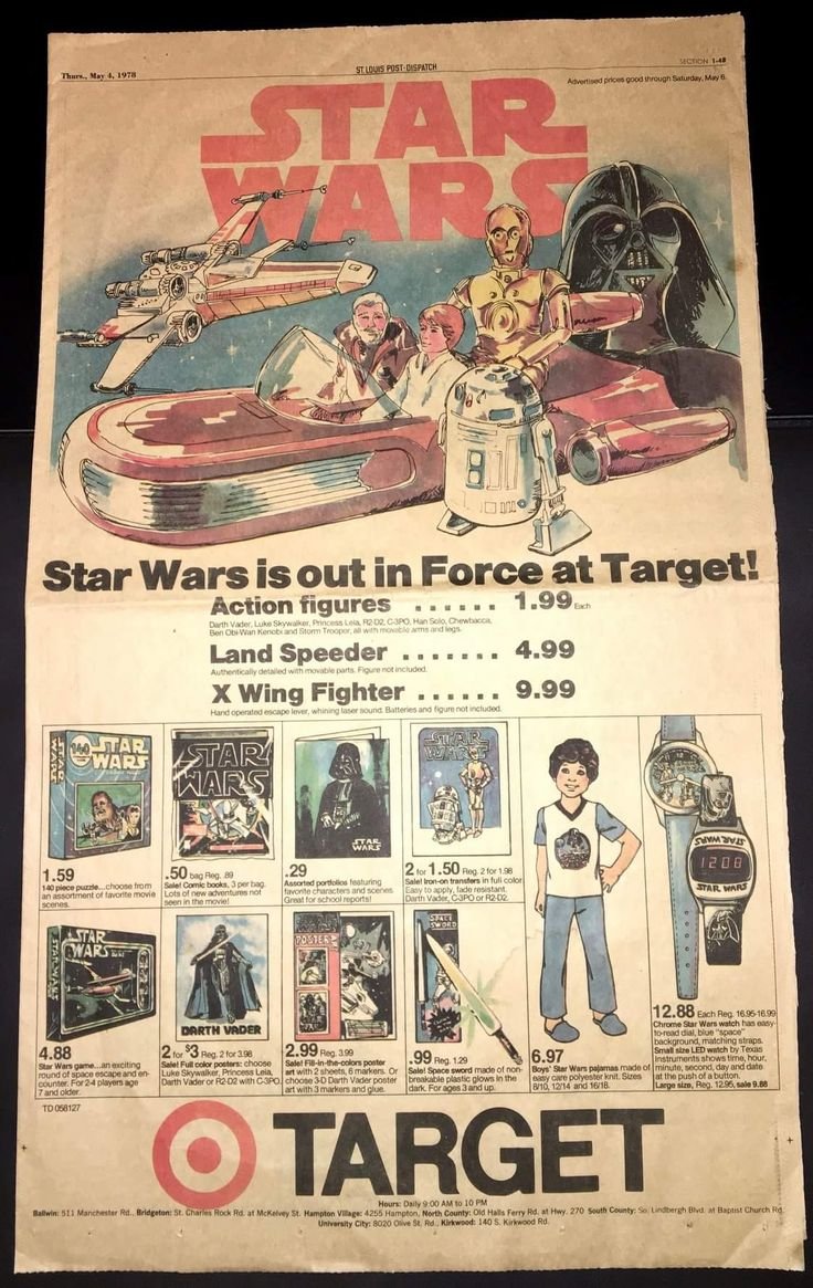 A vintage Star Wars ad from 1978 featuring illustrated characters and spacecraft, including Darth Vader, a Jedi, R2-D2, and Darth Vader's TIE Fighter. The ad promotes Star Wars action figures and collectibles available at Target, with prices and descriptions for products like action figures, a land speeder, and an X Wing fighter.