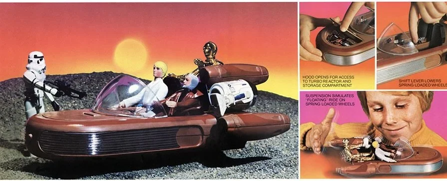 A toy vehicle resembling a spaceship with Star Wars characters inside, set against a sunset landscape, with inset images showing its features like a hood opening for access, a shift lever lowering spring-loaded wheels, and suspension simulation for floating ride.