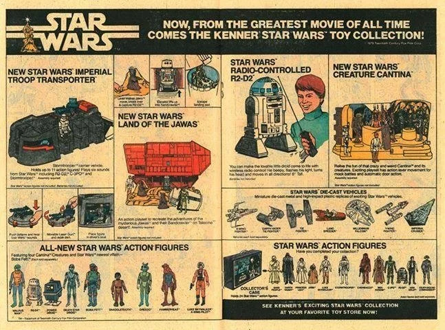 Vintage advertisement for Star Wars toys featuring various figures, vehicles, and playsets from the original movie, including Imperial Troop Transporter, Land of the Jawas, R2-D2 radio-controlled droid, Creature Cantina, Star Wars action figures, and die-cast vehicles.