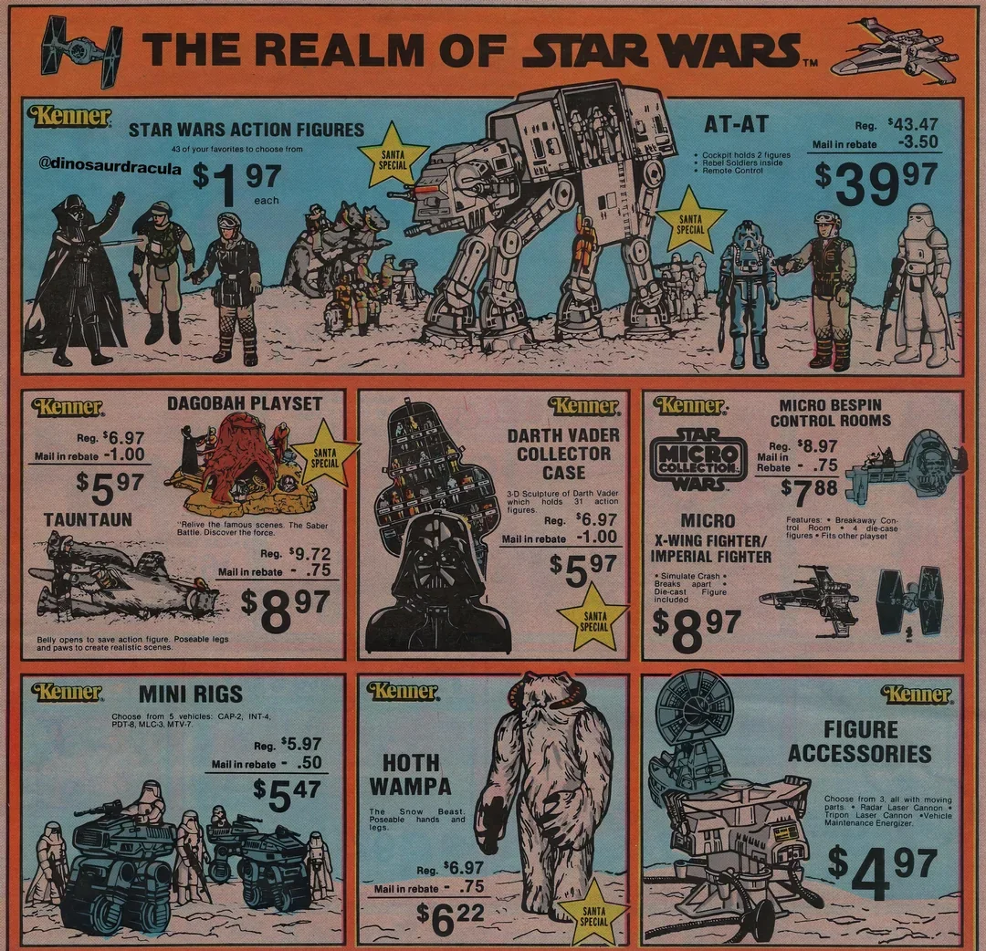 Sales flyer featuring Star Wars toys and action figures, including Darth Vader collector case, AT-AT walker, micro Bespin control rooms, micro X-wing fighter, Hoth Wampa figure, figure accessories, mini rigs, Dagobah playset, and Darth Vader and Luke Skywalker figures, with prices and item details.
