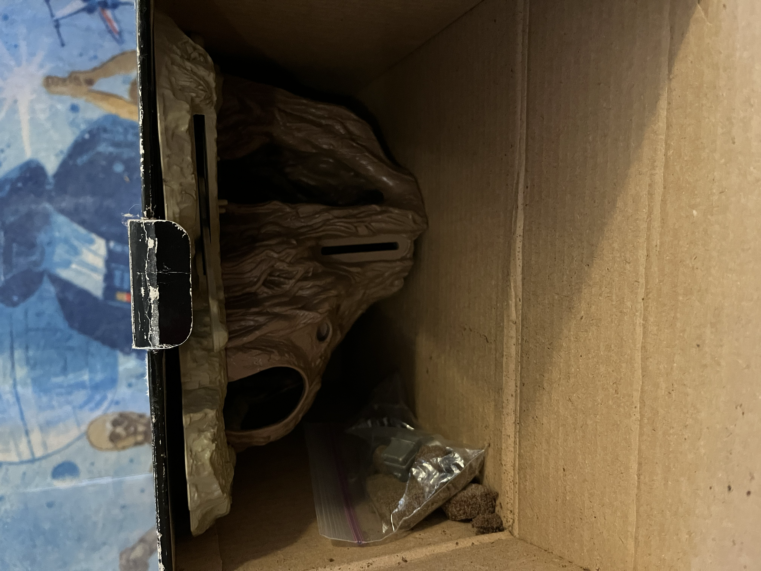 View inside a cardboard storage box with a colorful, illustrated object on the left side, some fabric-like material, a plastic zip-lock bag containing small items, and various other objects on the bottom shelf.