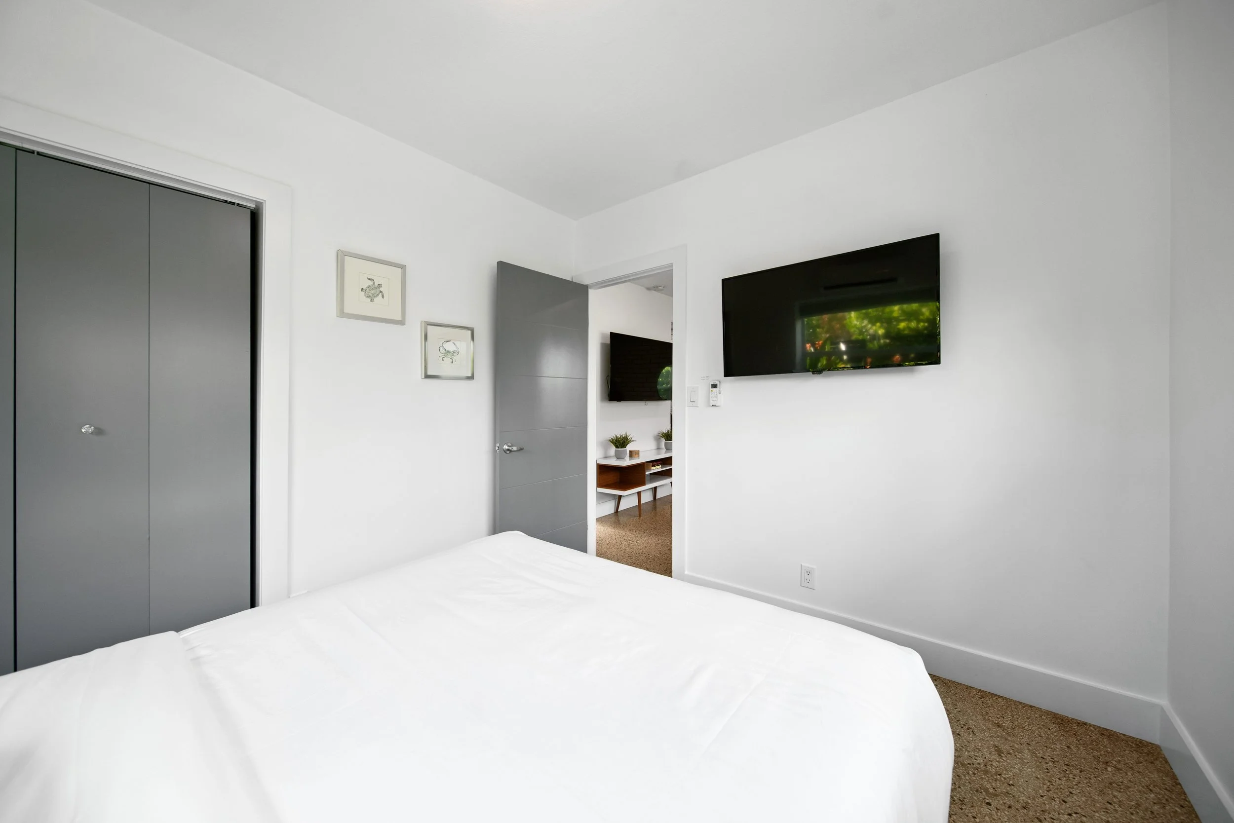 A bedroom with white walls, a large flat-screen TV mounted on the wall, framed artwork, an open door leading to another room, a small wooden shelf with plants, and a bed with white linens.