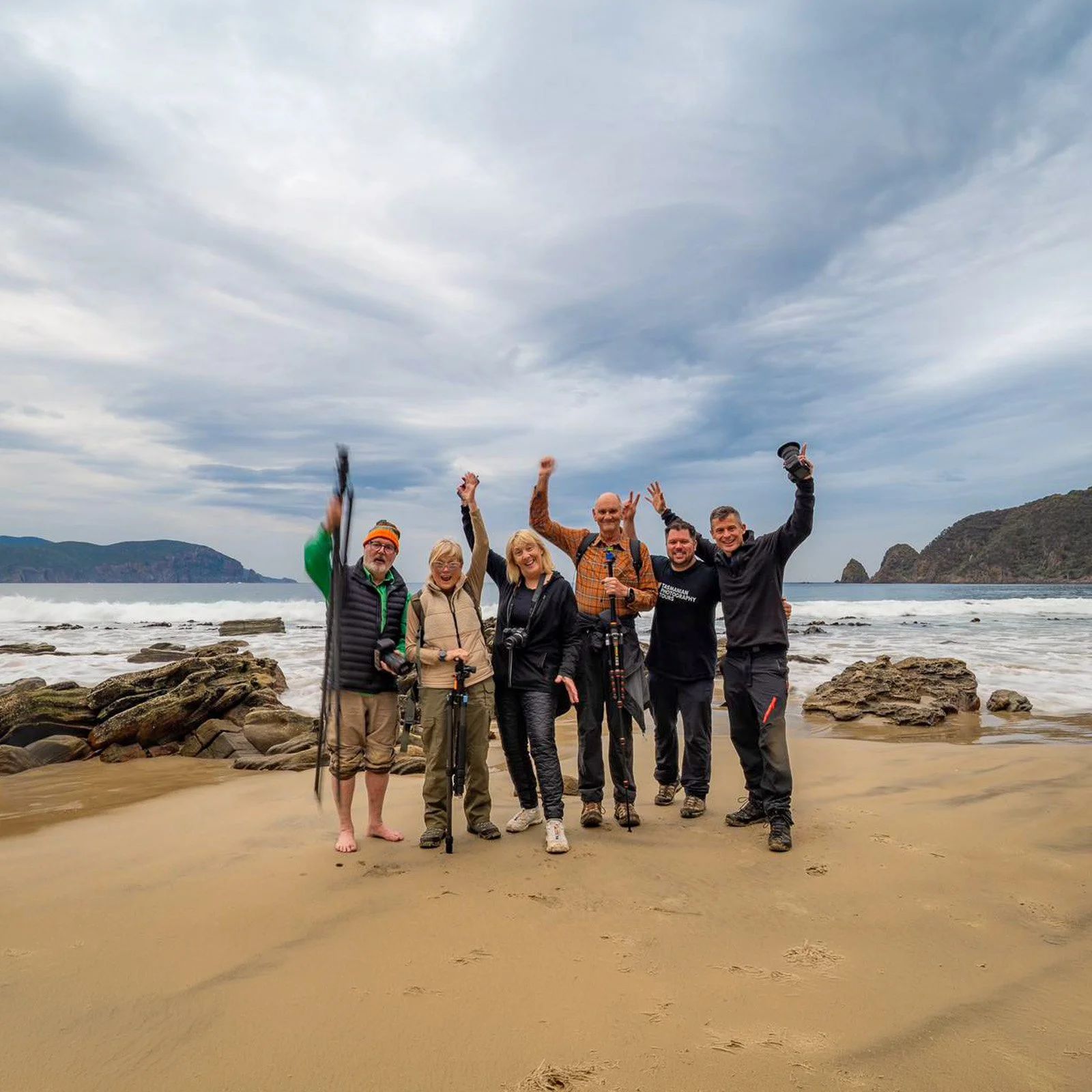 Bruny Island photography tour group on the beach at Bruny Island
