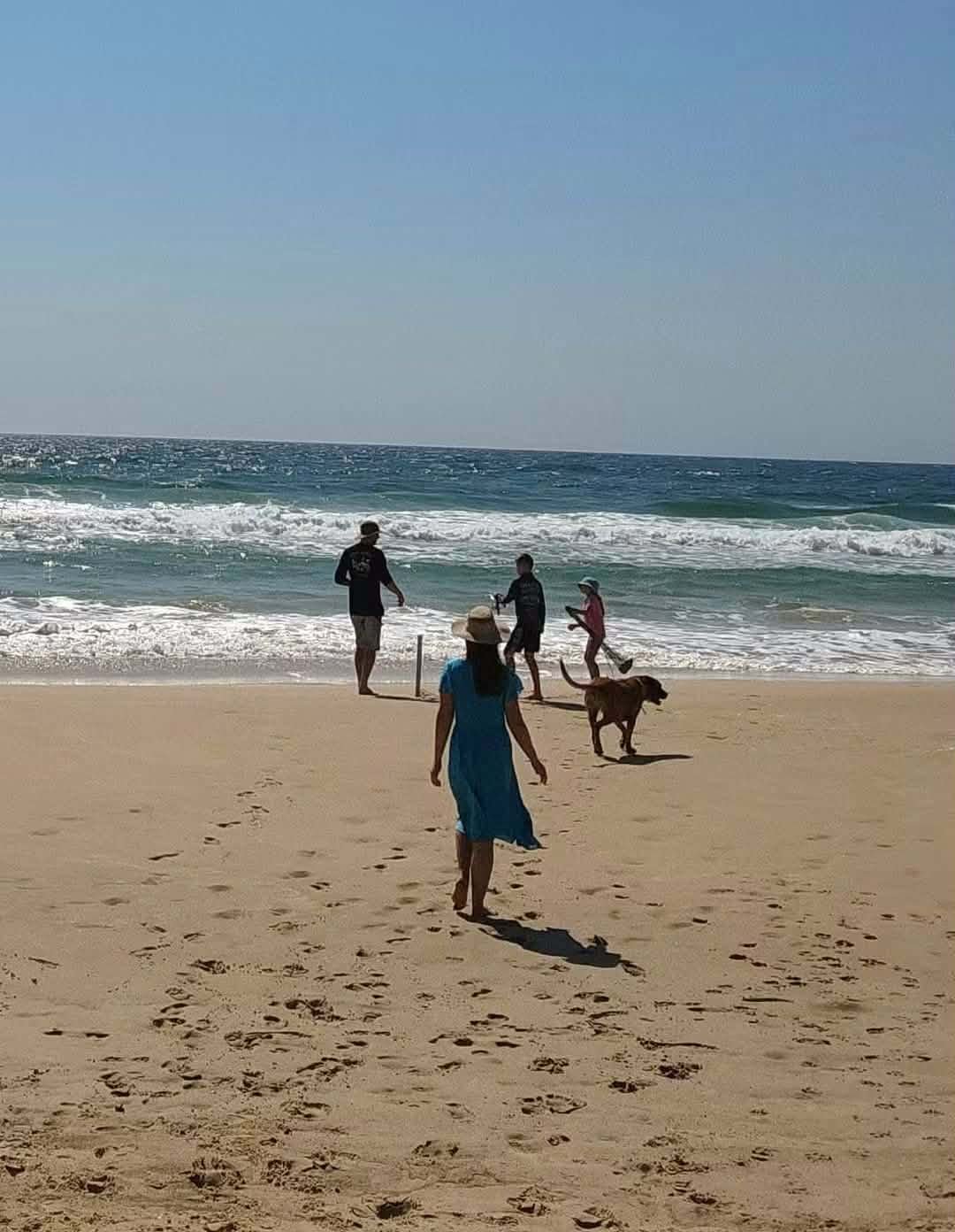 People walking on a sandy beach near the ocean, some with children and a dog, under clear blue sky.