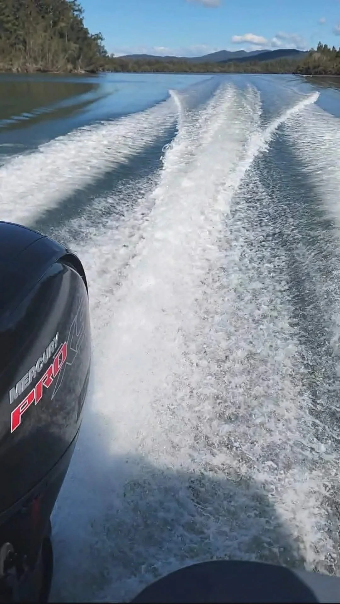 View from a boat speeding on a lake or river with churning water trails behind, surrounded by trees and mountains under a partly cloudy sky.