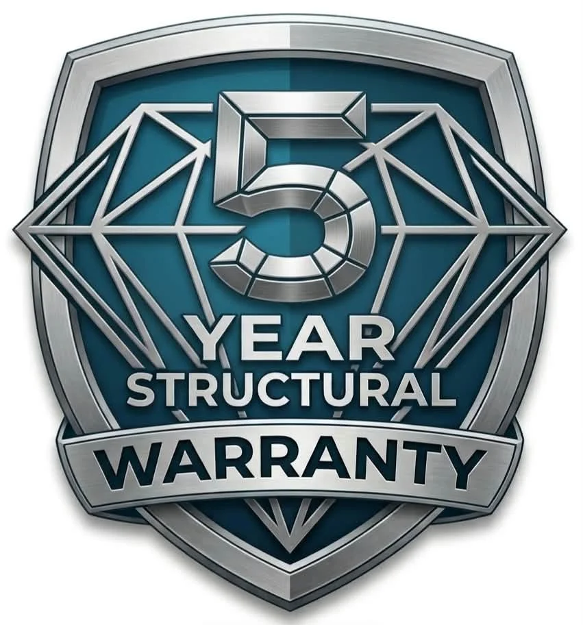 A metallic shield badge that states '5 Year Structural Warranty' with a large number '5' at the top, diamonds on either side, and text in bold font.