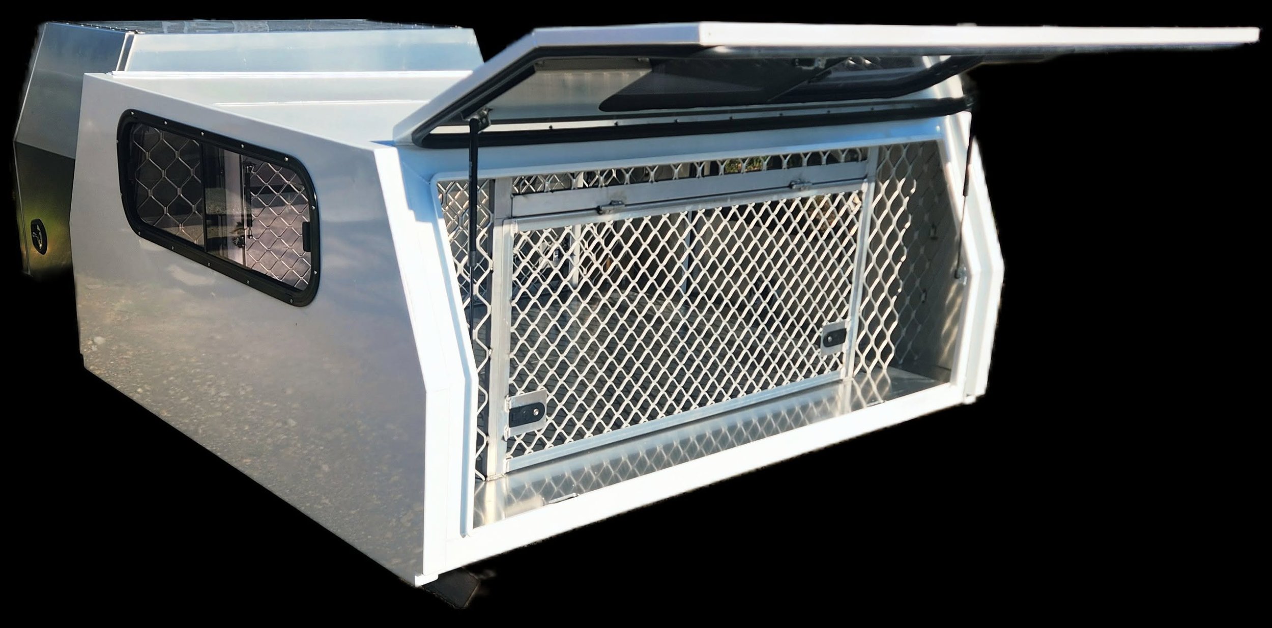 White metal animal cage with two front doors, one of which is open, and a small black window on the side, set against a black background.