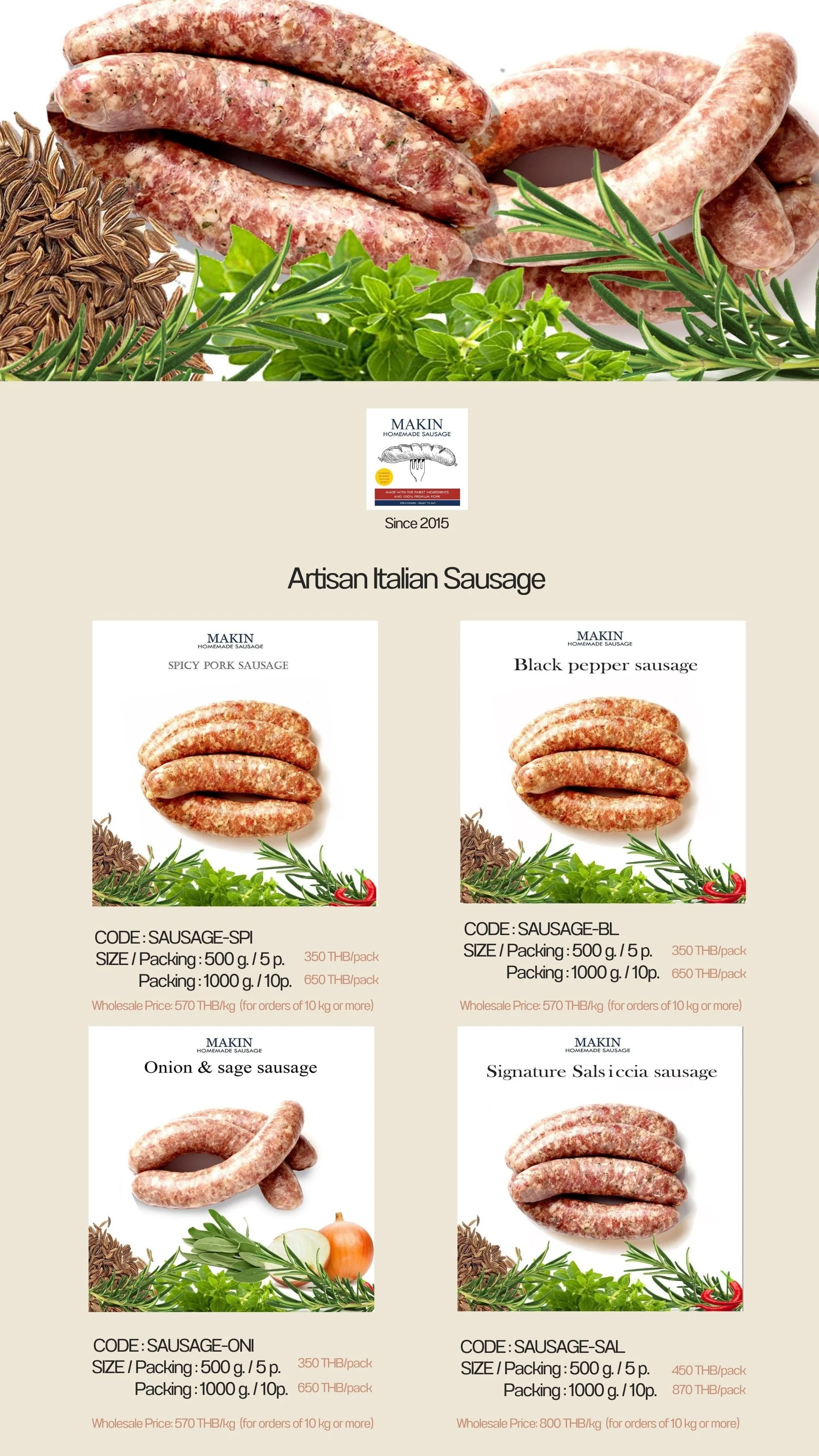 Homemade Italian sausages by Makin Sausage, featuring spicy pork, black pepper, onion & sage, signature salami, and traditional Italian sausage for restaurants and food businesses.