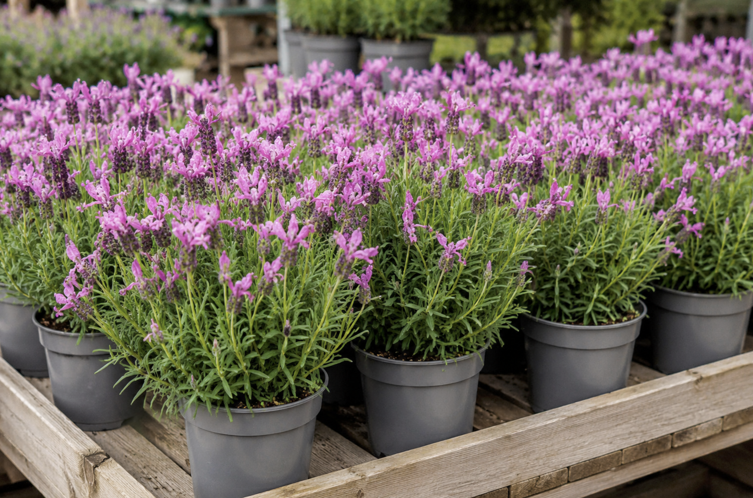 Multiple pots of purple and pink flowering plants arranged on a wooden shelf at a garden center.
