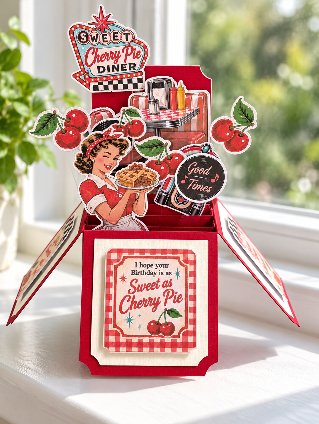 Handmade, Retro Cherry Pie, 1950s Diner, Vintage Style Pop-Up 3d Birthday Box Card