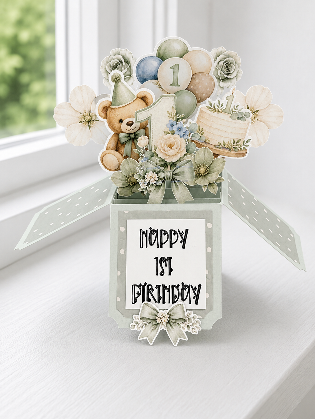 3D Teddy Bear 1st Birthday Popup Card