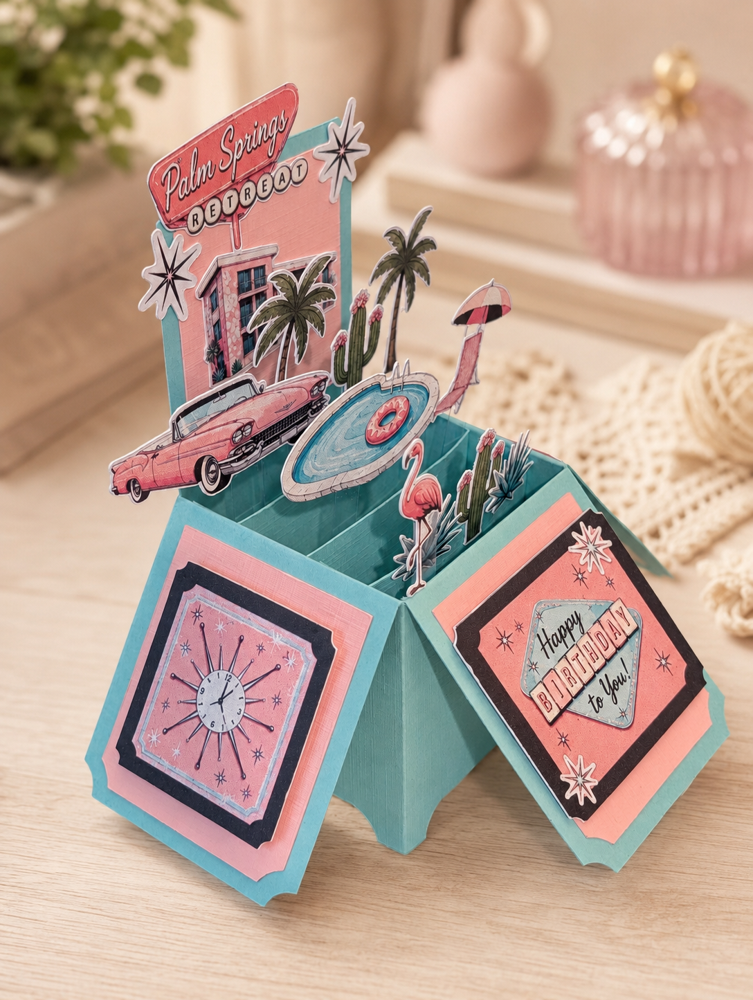 Plm springs birthday card on a dressing table