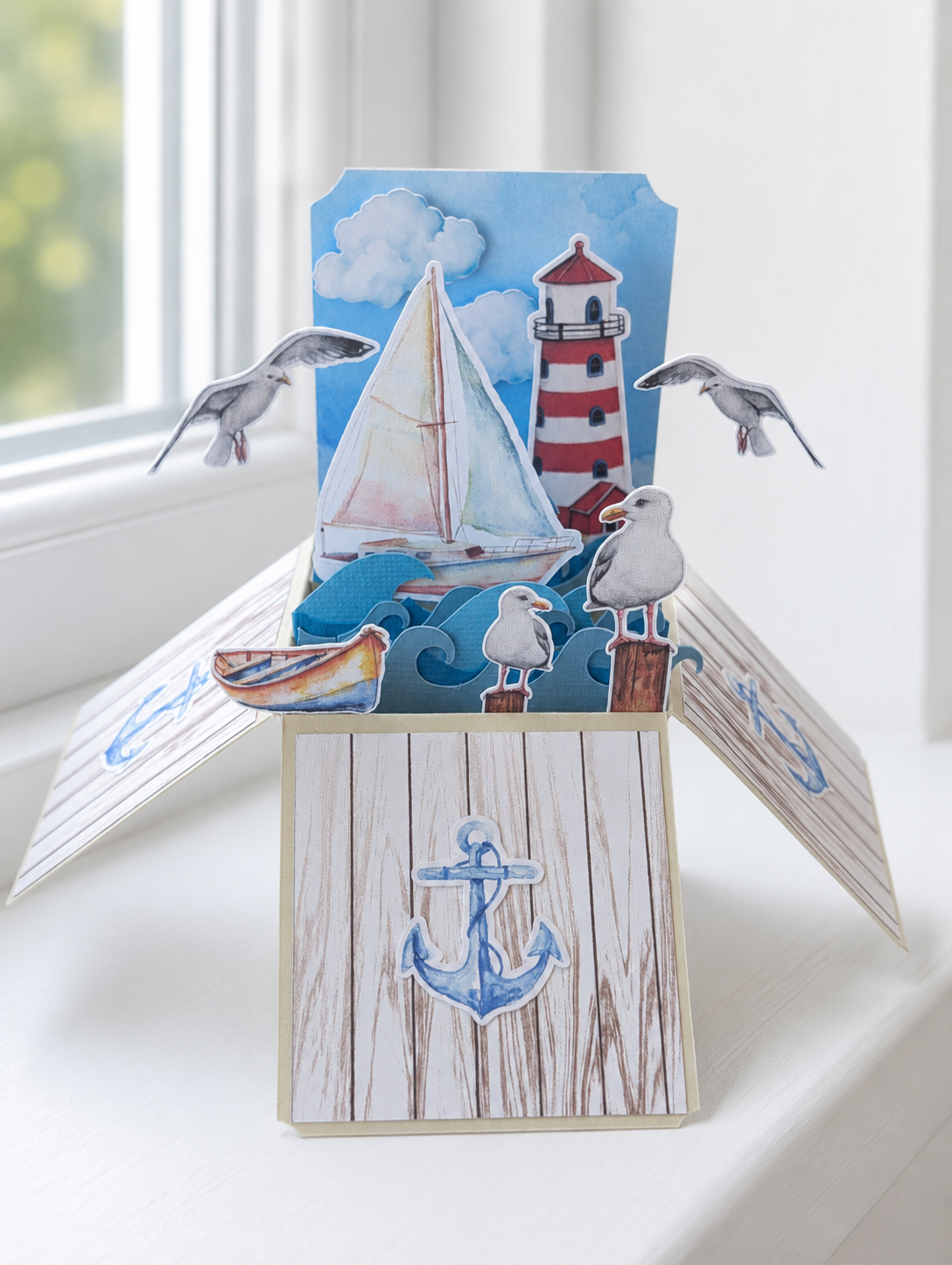 3D Nautical, Lighthouse, Sailboat Seaside Scene Pop-Up Card
