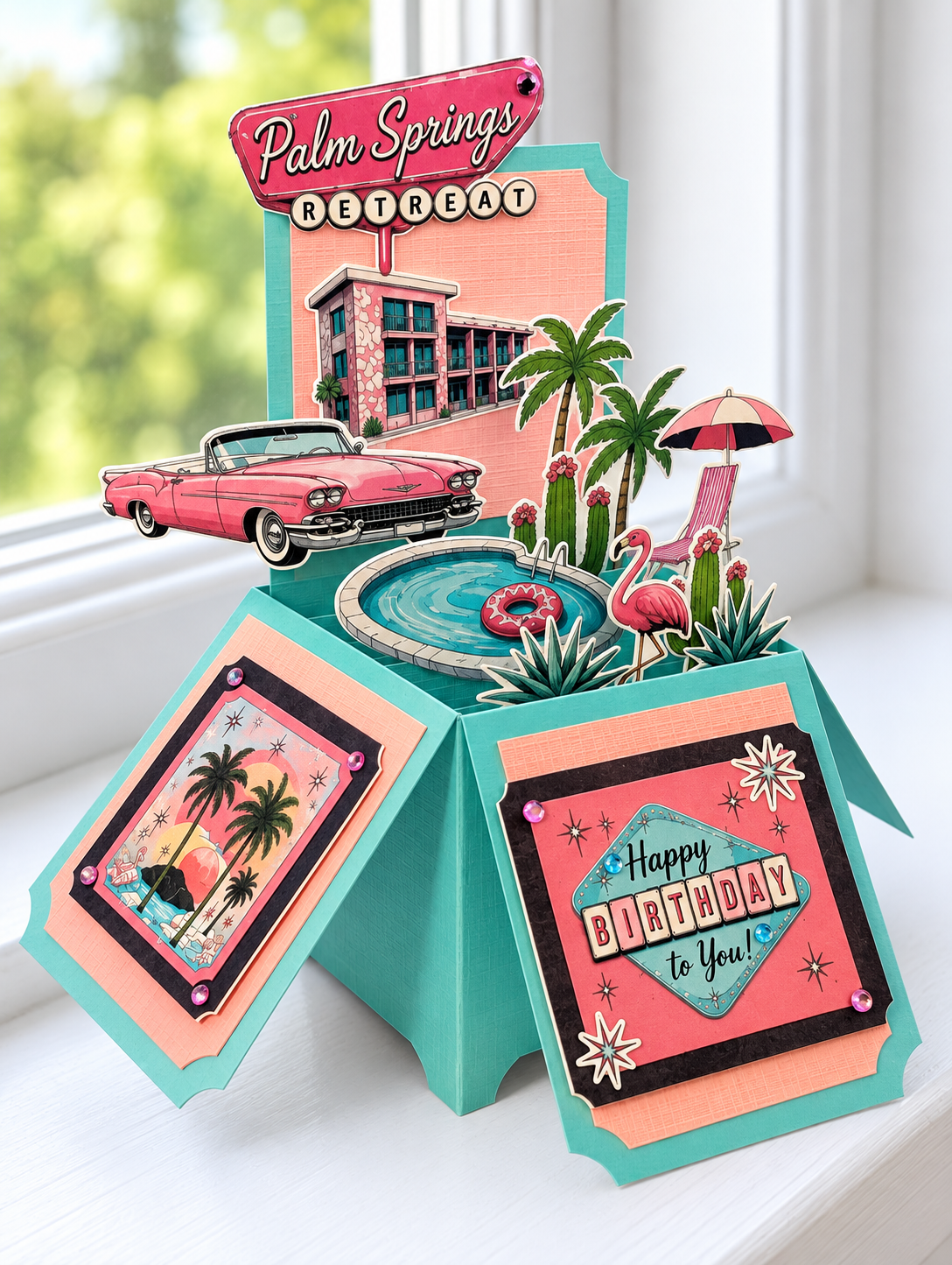 Handmade 3D Pop-Up Palm Springs, Retro 1950s Americana  Luxury Birthday Box Card