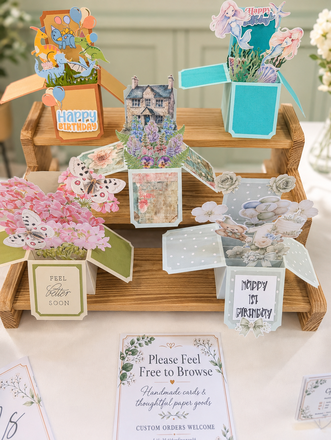 Colorful handmade pop-up cards with themes of birthday, ocean, butterflies, house, and flowers displayed on a wooden stand, with a sign inviting browsing of the cards.