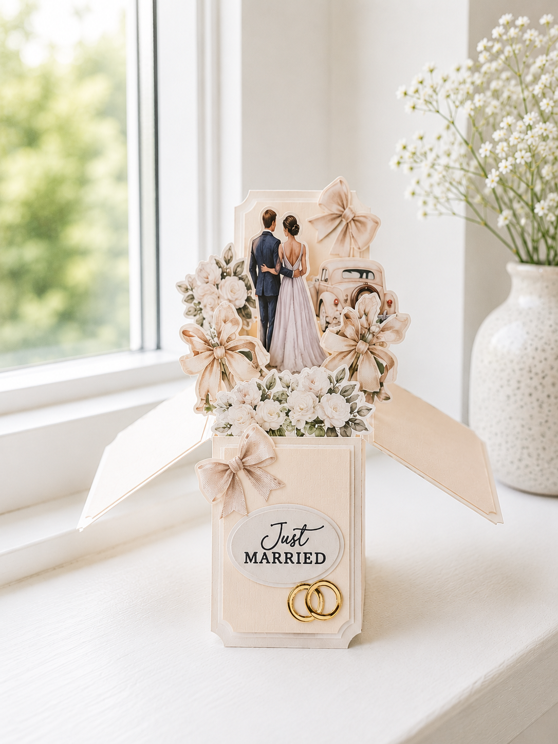 3D Wedding Just Married Pop-Up Card  Bride Groom Scene