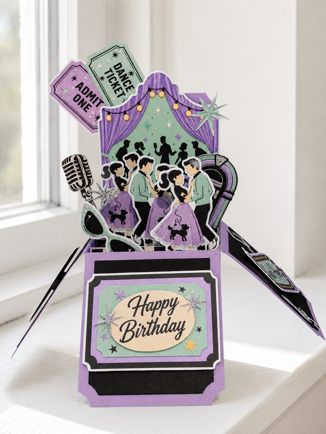 Handmade 3D Box Card 1950s Retro Dance Hall Birthday Card