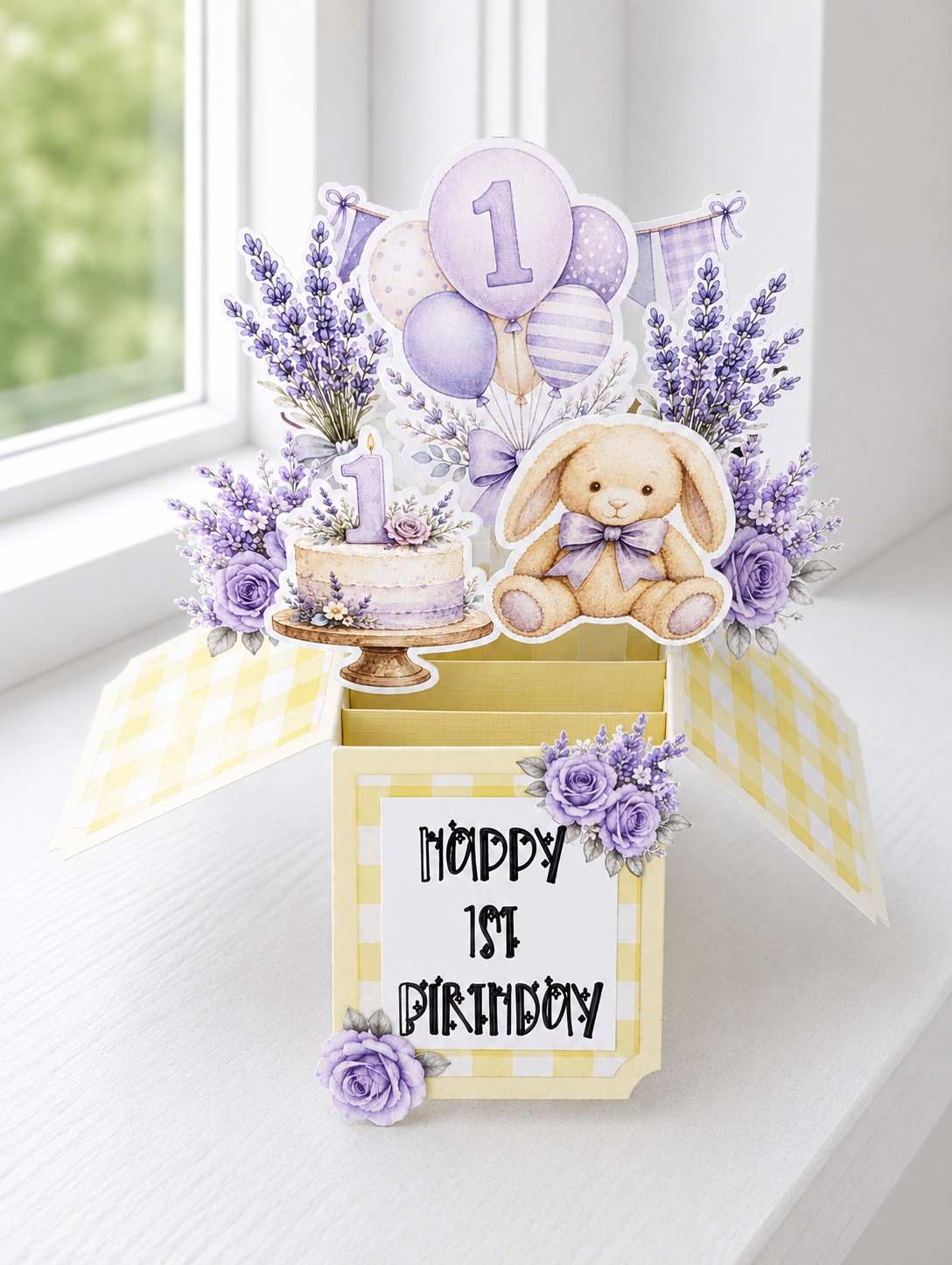 3D Lavender Bunny 1st Birthday Pop-Up Card