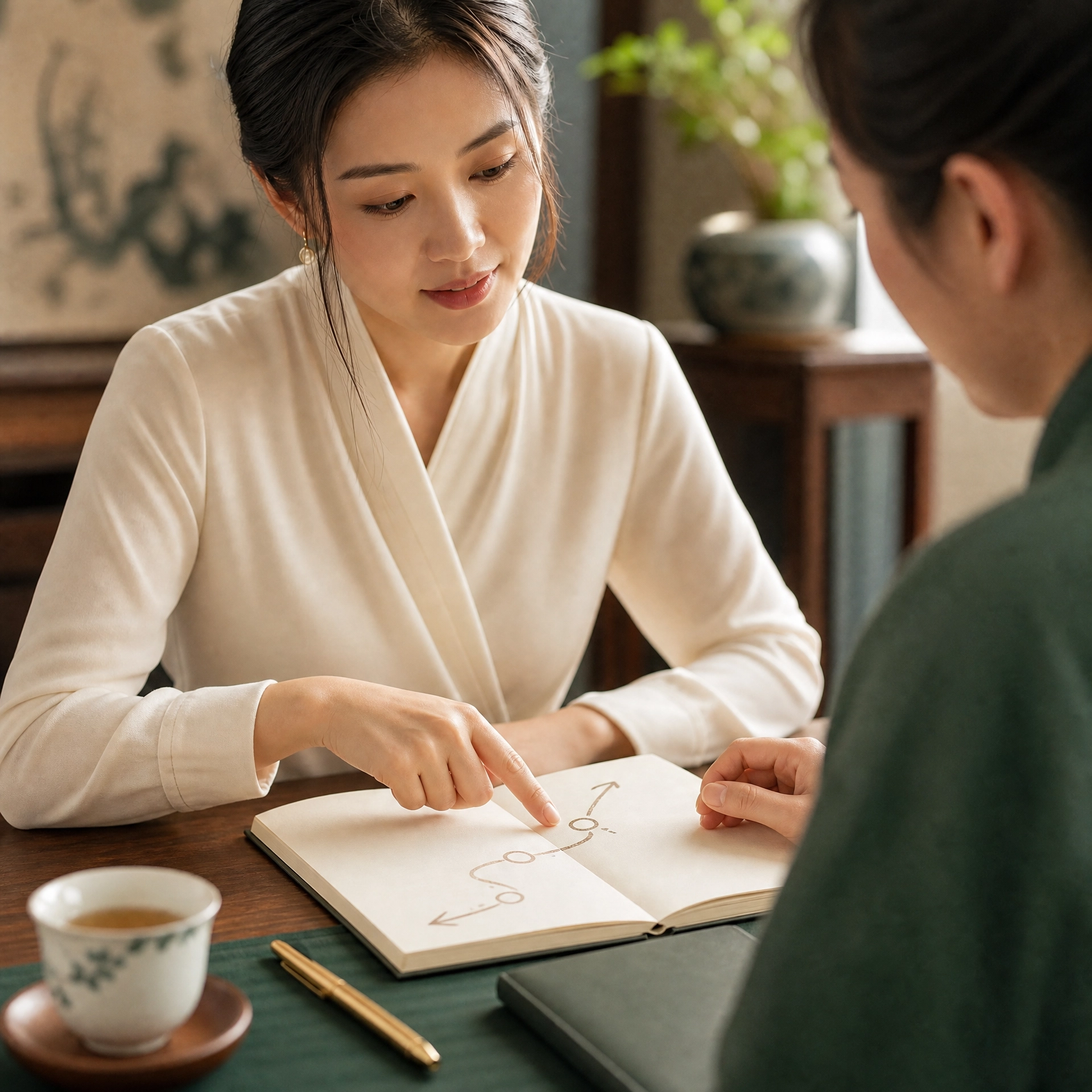 A woman in a white shirt points to a diagram of a graph in a notebook while a man in a green shirt looks on. There is a cup of tea or coffee, a golden pen, and a closed black notebook on the table. A potted plant is visible in the background.