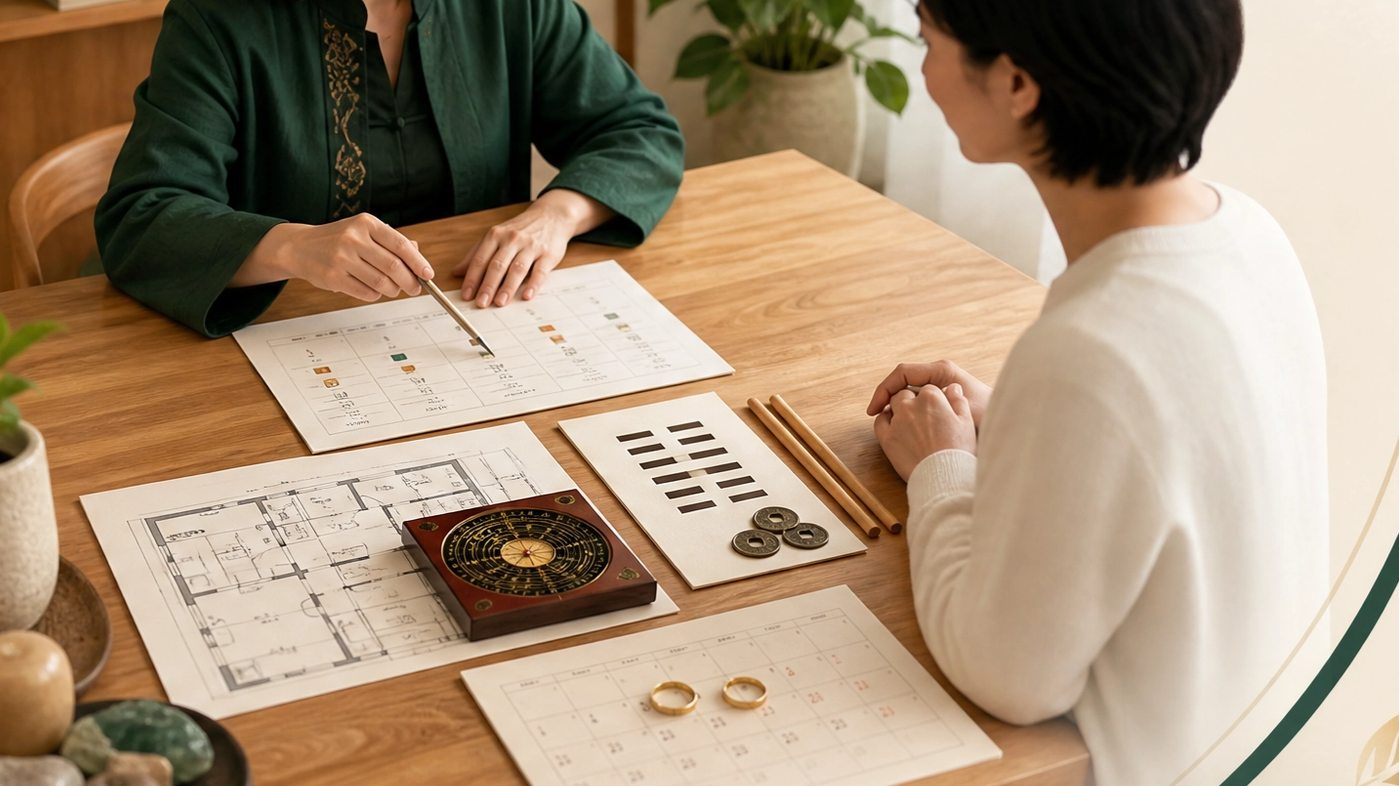 Two women sitting at a wooden table discussing plans, with architectural drawings, charts, and a calendar on the table, along with a decorative compass and some stones.