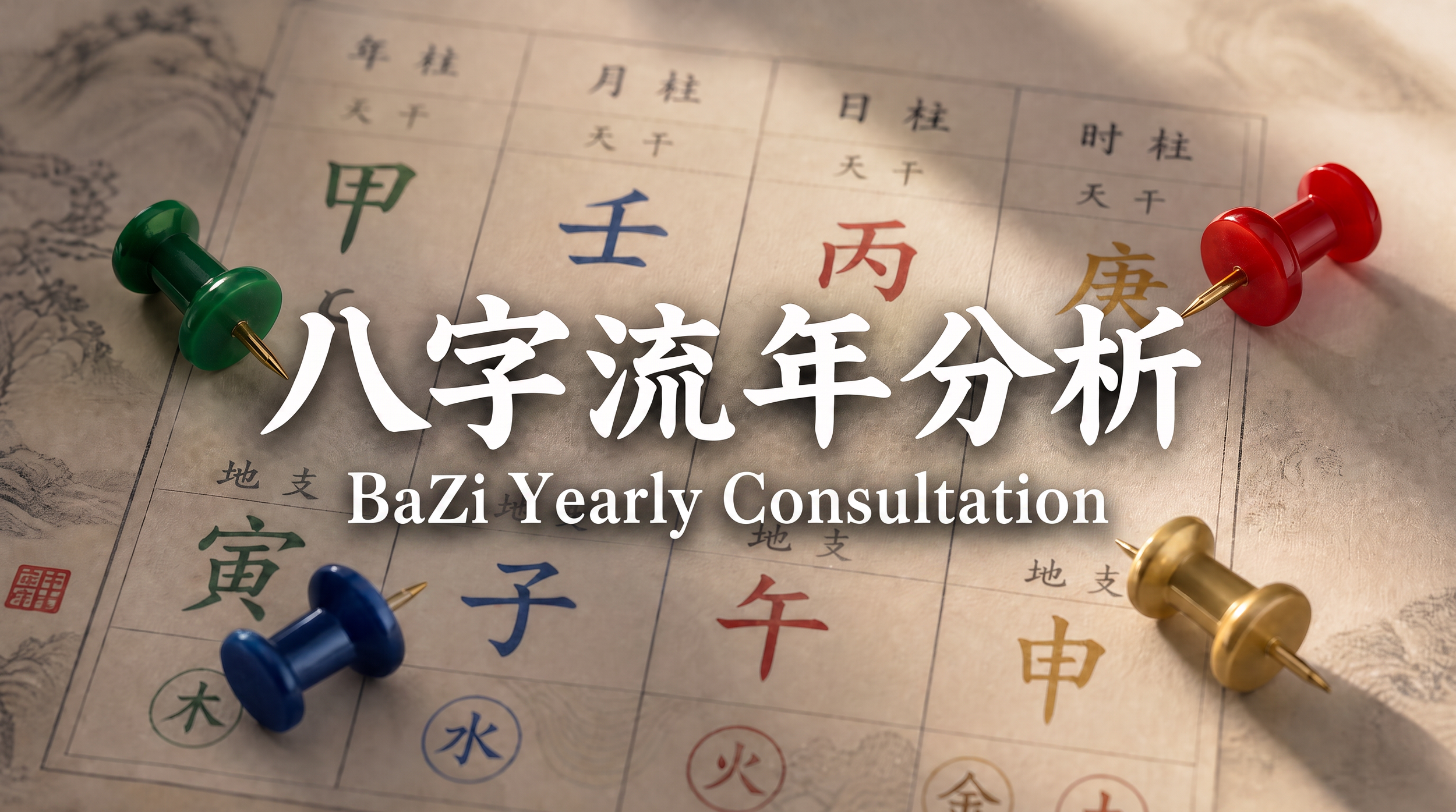 A vintage Chinese calendar with colored Chinese characters for zodiac signs, secured with colorful push pins, and overlay text that reads 'Bazi Yearly Consultation' in English and Chinese.