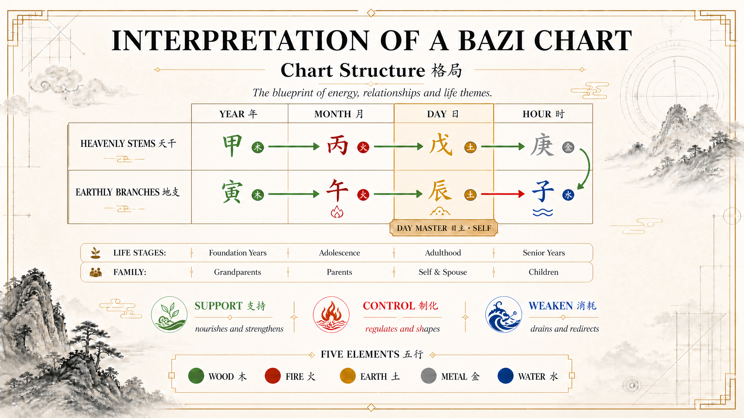 An infographic titled 'Interpretation of a Bazi Chart' explains the structure of a Bazi chart, including the five elements, life stages, family, and energy relationships. It features traditional Chinese characters, color-coded symbols, and a decorative landscape with clouds and mountains.