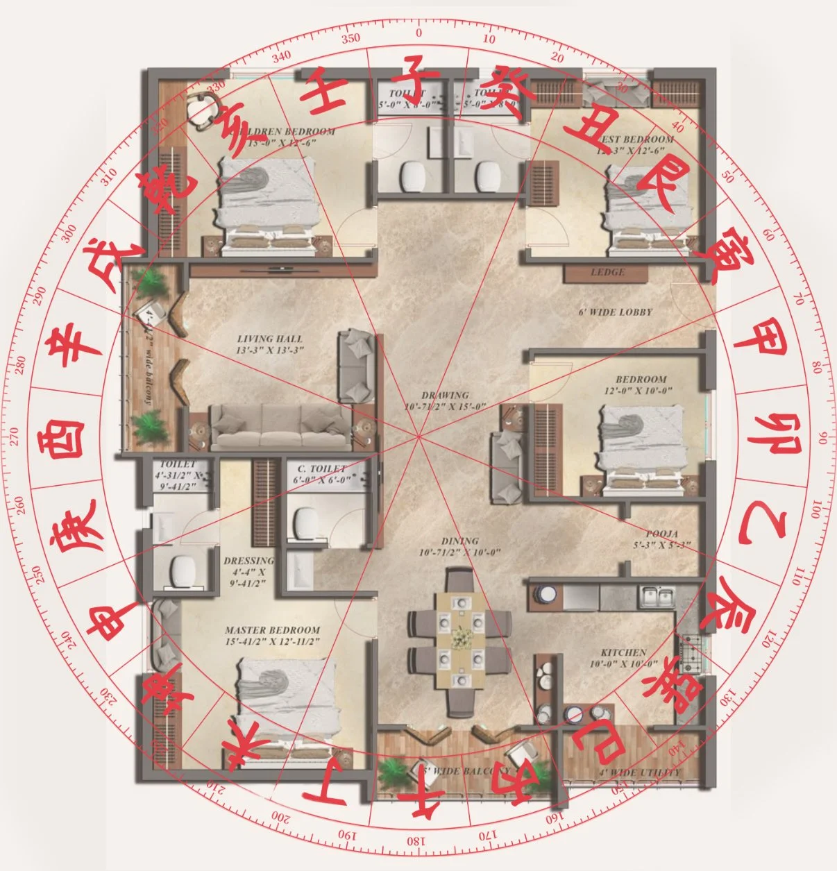 Floor plan of a residential apartment with labeled rooms including master bedroom, additional bedrooms, living hall, dining area, kitchen, bathrooms, dressing room, and balcony. Overlaid with a red compass rose and Chinese zodiac characters.