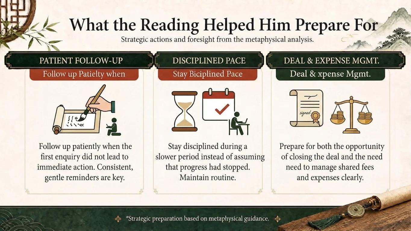 An informational graphic titled 'What the Reading Helped Him Prepare For' detailing three areas: Patient Follow-Up, Disciplined Pace, and Deal & Expense Management. The Patient Follow-Up section emphasizes consistent reminders. The Disciplined Pace section advocates staying biclumped during slower periods. The Deal & Expense Management section highlights preparing to close deals and clearly managing shared fees and expenses.