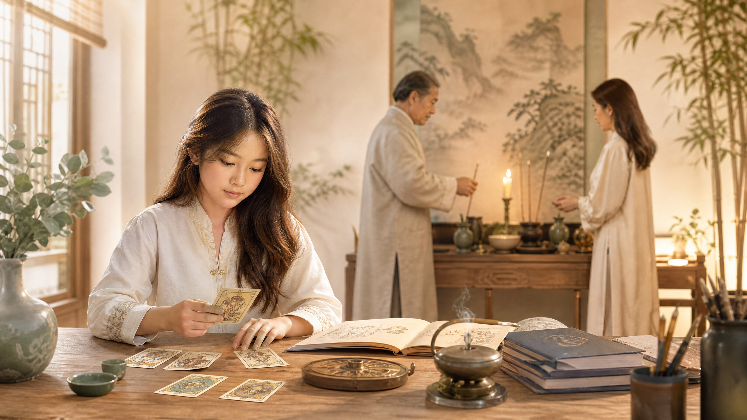 A young woman reads tarot cards at a table, with an open tarot deck and several cards laid out in front of her. In the background, an older man and woman stand near an altar with candles and traditional Asian art on the wall, surrounded by lush plants.
