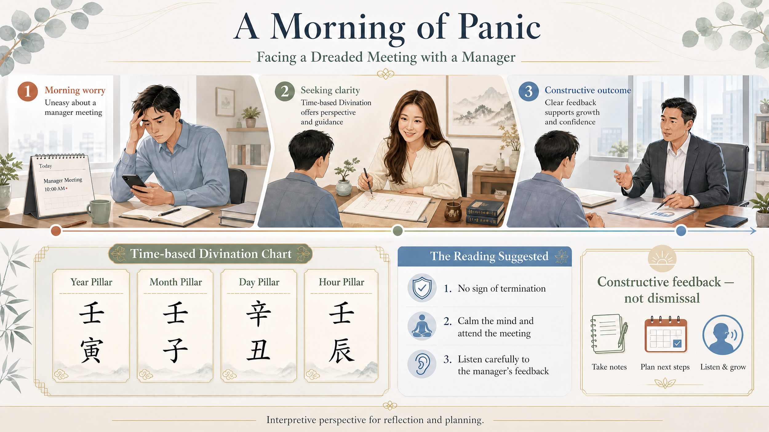 An infographic titled 'A Morning of Panic' showing a three-step process for handling a dreadful manager meeting. The first step depicts a young man anxious, checking his phone with a calendar displaying a manager meeting at 10:00 AM. The second step shows a woman smiling and guiding a young man through a whiteboard with Chinese characters, emphasizing seeking clarity. The third step illustrates a confident man giving constructive feedback to a young man, fostering growth and confidence.