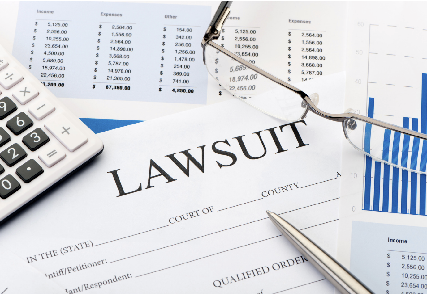 Legal documents, financial reports, a calculator, and eyeglasses placed on top of a legal form labeled "LAWSUIT."