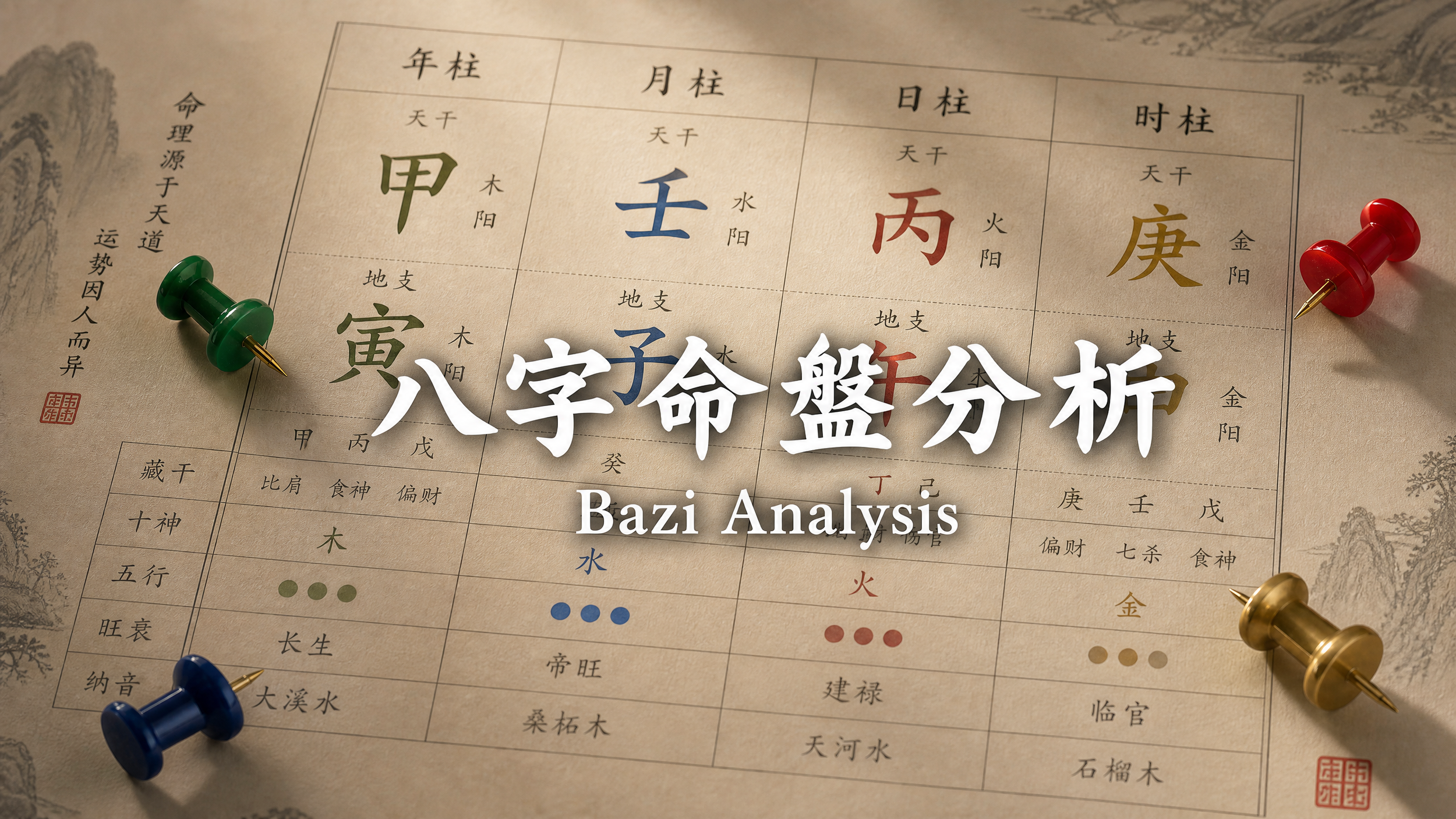 Chinese astrology chart with colored pins and overlay text 'Bazi Analysis'.