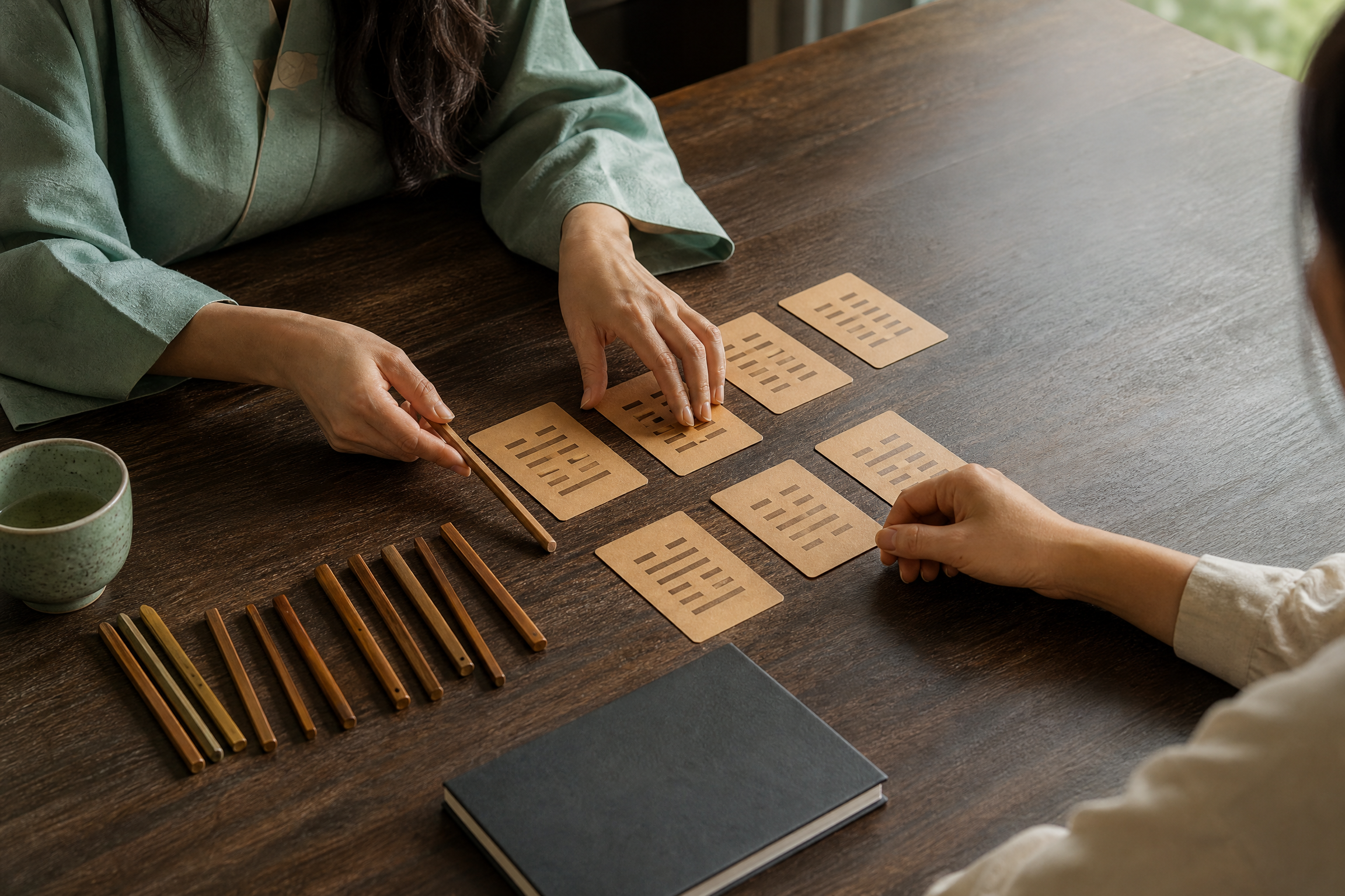 Two people sit at a wooden table playing a card game with rectangular cards that have black lines on them. There are two cups and several sticks or chopsticks on the table.