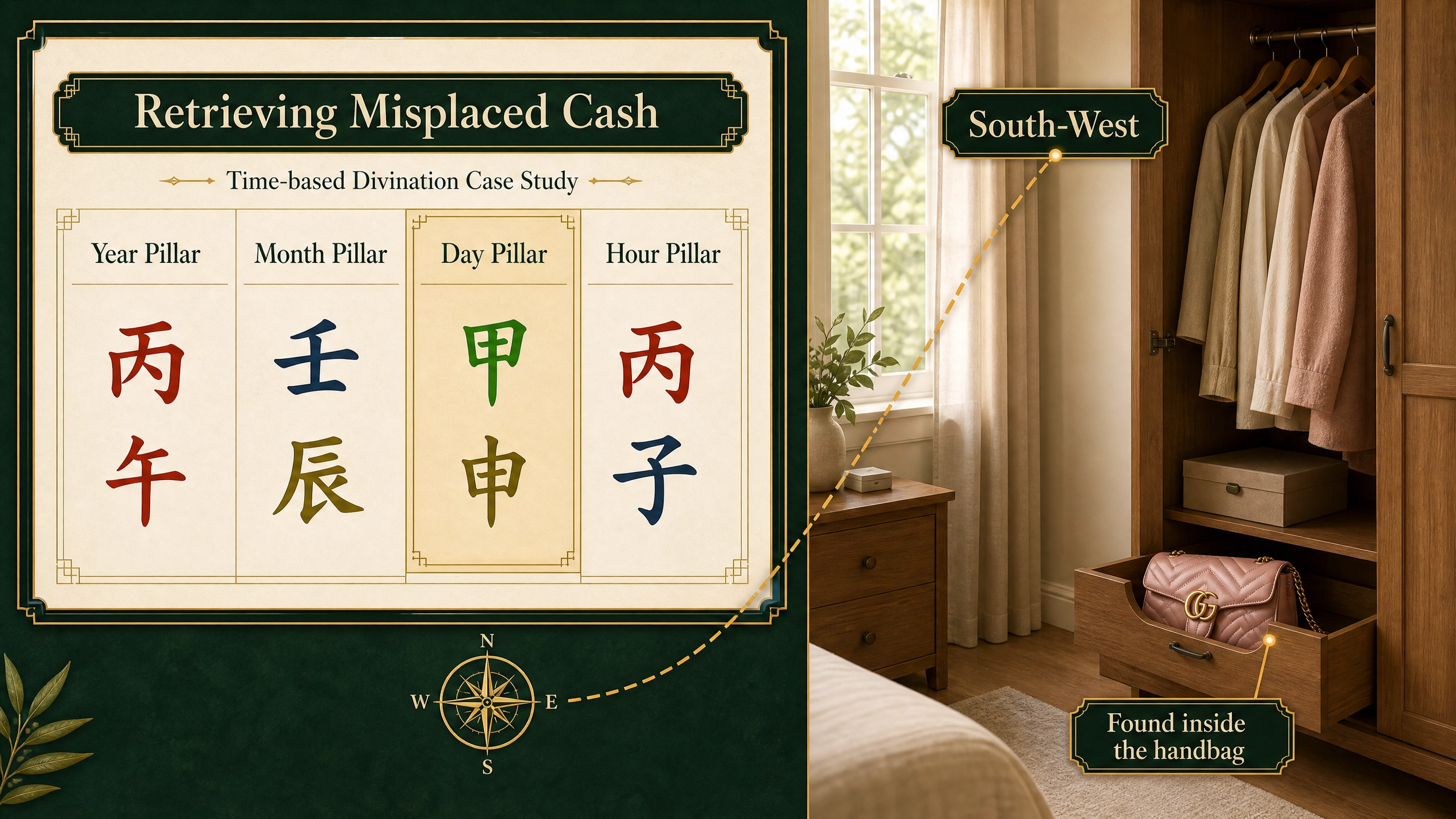 A study display with the title 'Retrieving Misplaced Cash' and a subtitle 'Time-based Divination Case Study'. The display features traditional Chinese characters organized into columns labeled 'Year Pillar', 'Month Pillar', 'Day Pillar', and 'Hour Pillar', with Chinese characters in red, blue, green, and yellow. To the right, a bedroom or dressing area shows a wooden closet with hanging clothes, a window with beige curtains, a potted plant, and a pink handbag with a gold chain. A sign on the closet reads 'South-West', and there's a note stating 'Found inside the handbag'.