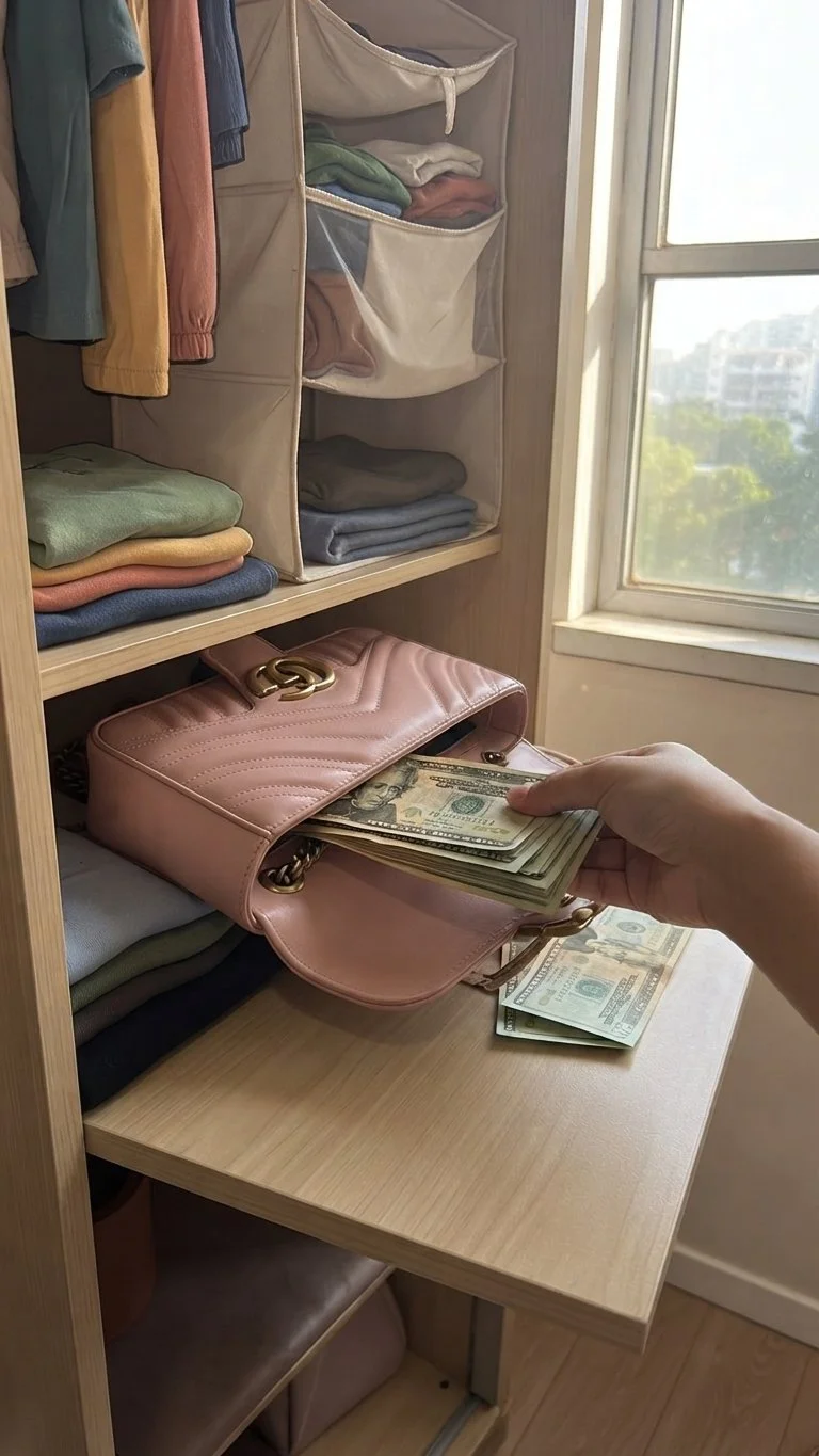 Person adding cash into a pink handbag on a wooden desk, with folded clothes and storage bins nearby, and a window in the background showing an outside cityscape.