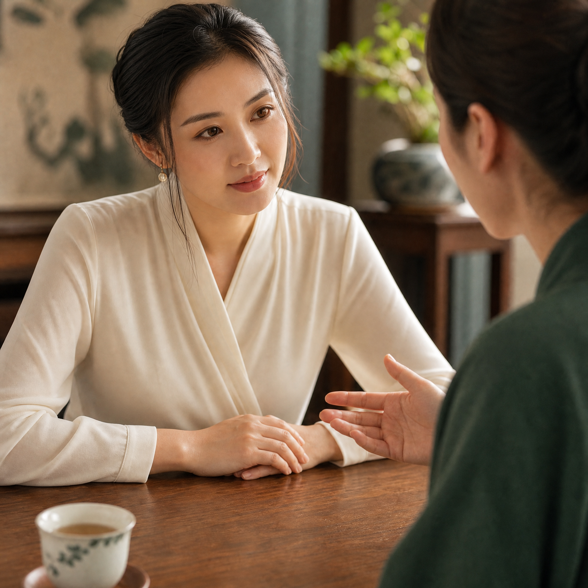 A woman in cream-colored attire leaning on a wooden table, engaging with a person who is out of focus, in a room with traditional decor, a ceramic cup of tea in the foreground, and a potted plant in the background.