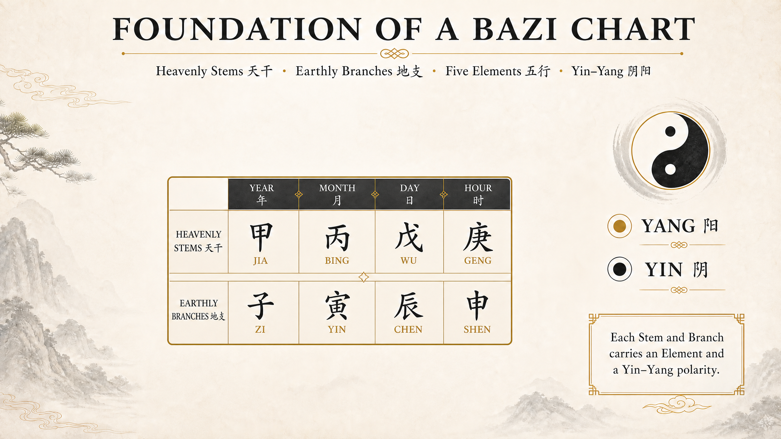 A chart titled 'Foundation of a BaZi Chart' displaying the Five Elements and Heavenly Stems and Earthly Branches, with a yin-yang symbol on the right.