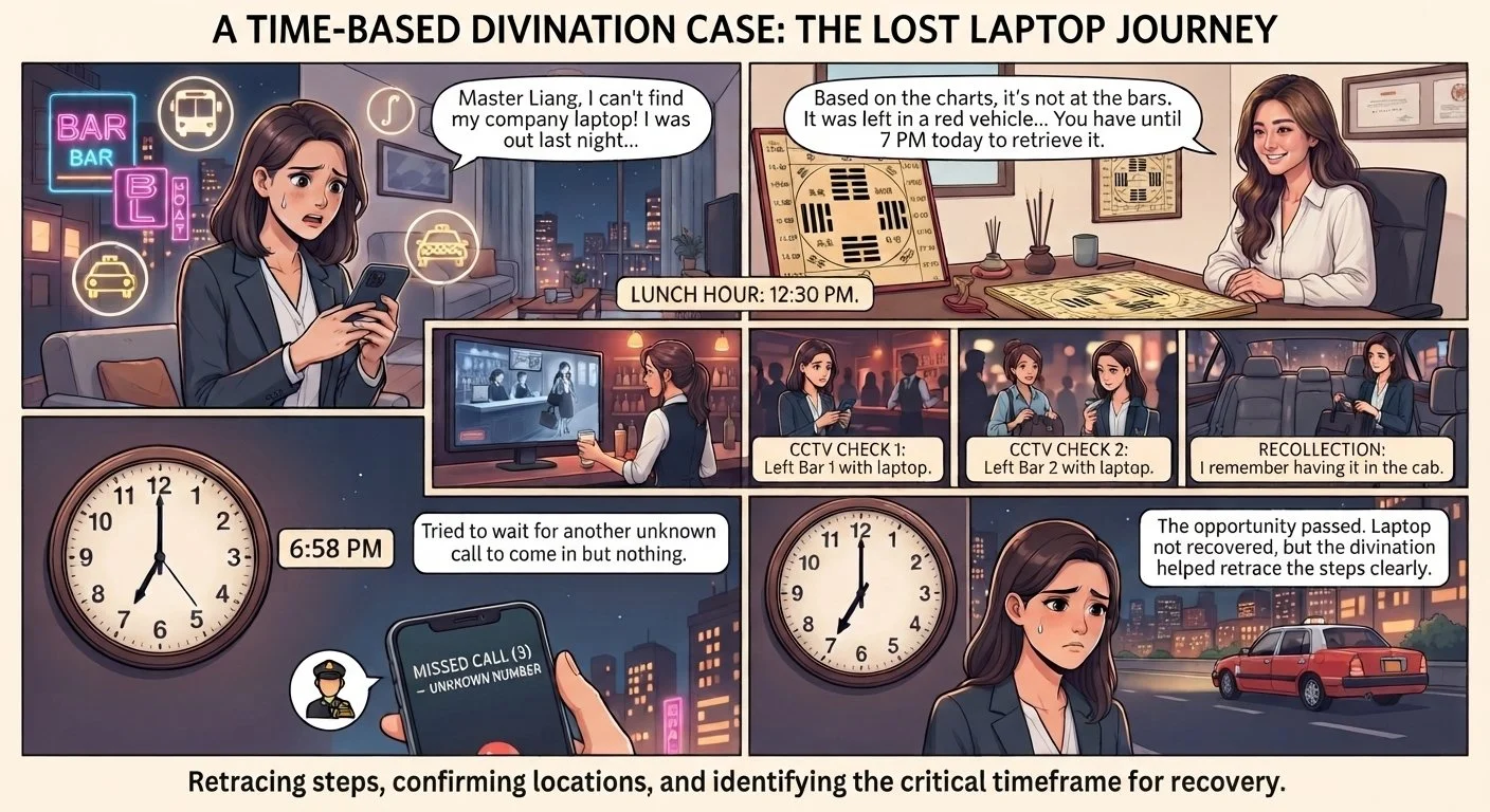 Comic strip illustrating a woman trying to find her missing company laptop. She checks CCTV footage showing her leaving her laptop at two different bars. The comic includes clocks showing times, a missed call notification on her phone, and her reflection in a car window. The narration explains her retracing steps and using divination to recover the laptop.